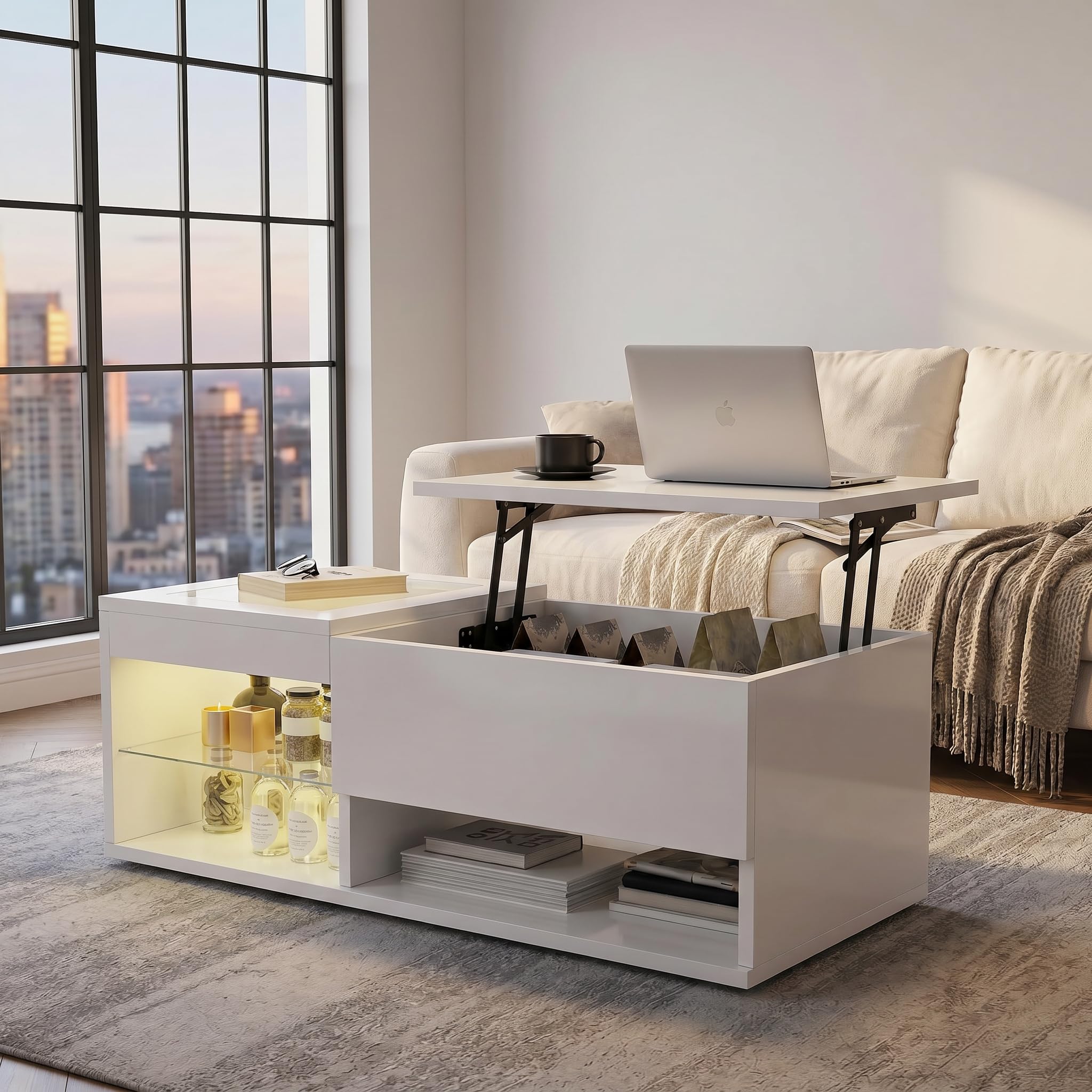 Table basse relevable et extensible MEXUS avec LED 18 couleurs et rangement pour salon