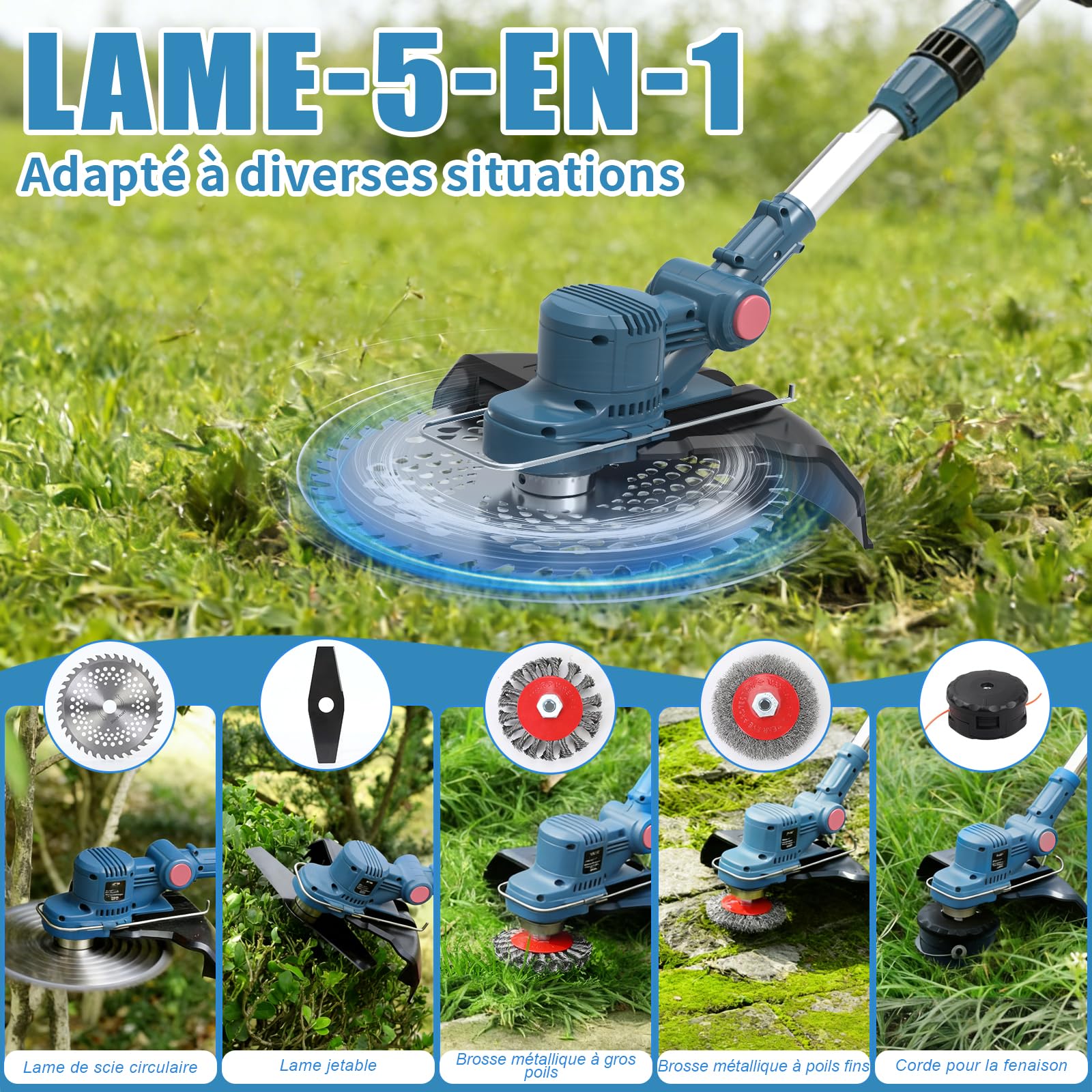 Coupe Bordure sans Fil avec Batterie,Coupe-Herbe 5 en 1 à Batterie-Moteur sans balais 750 W, Débroussailleuse avec 2×4,0 Ah 21 V, Pliable - Convient pour Le Jardin, la pelouse et Le désherbage - Bleu