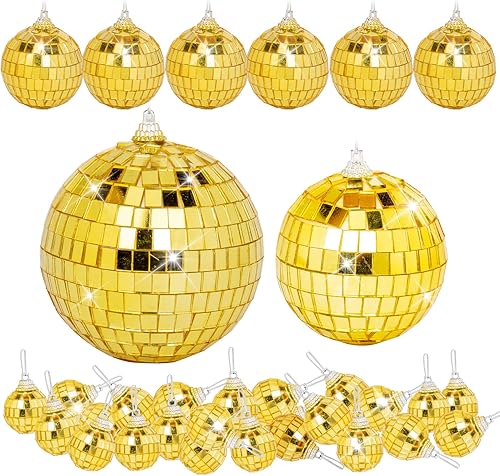 Paquete de 32 mini bolas de discoteca decorativas de diferentes tamaños de bola de espejo con cuerda para colgar, adorno de bola de discoteca para