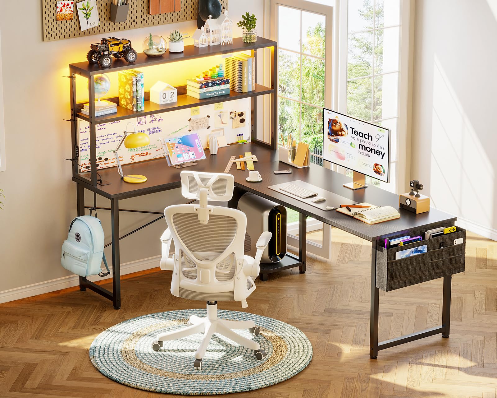 Coleshome Biurko Gamingowe Narożne z Oświetleniem LED i Gniazdkami, Rewersyjne Biurko w Kształcie L z Półkami, Torbą do Przechowywania i Haczykiem (Czarny, 155×100 cm)