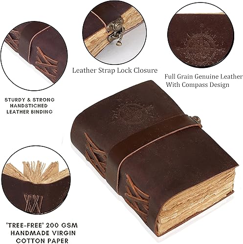 Miniatura 10 de Diario de cuero vintage con brújula - Antiguo hecho a mano con candado Diario encuadernado en cuero con papel de borde de cubierta para diario de