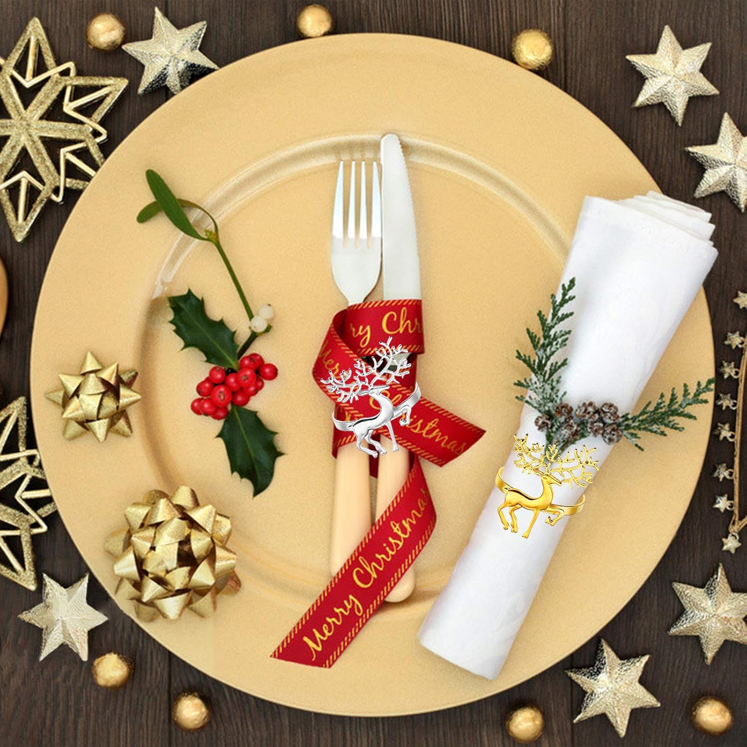 Hottest Sale MOTASOM 12Pcs Christmas Deer Napkin Rings Set, Glossy Elk Napkin Holder, Chic Reindeer Napkin Buckle for Christmas, Wedding Adornment, Holiday Dinner Party, Xmas Dining Table Decor Supplies (Gold)