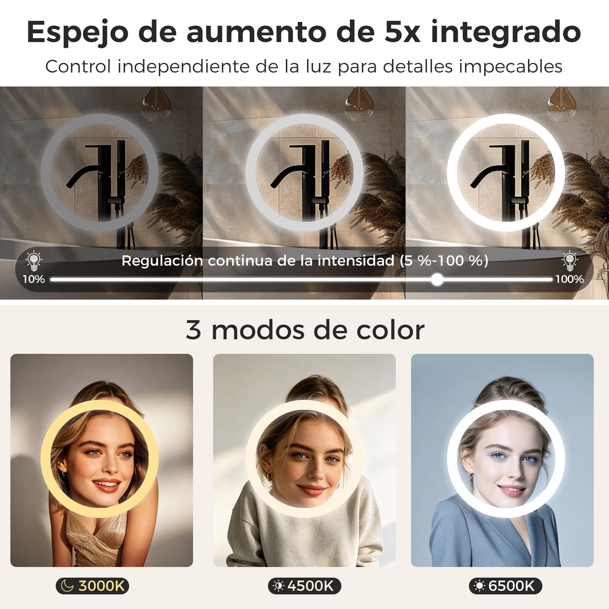 STARLEAD 70x120cm Espejo Baño con Luz LED, Aumento 5X y Antivaho | Regulable, 3 Colores 3000K-6500K, Memoria, IP44, Vidrio Templado, CRI>90, Control Táctil, Montaje en Pared
