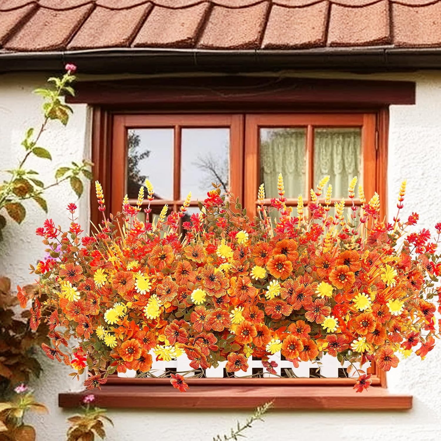 16 Bundles Fall Artificial Flowers for Outdoor, No Fade Faux Autumn Plants with Daisy Camellia Eucalyptus Lavender Stems for Front Door Porch Patio Yard Balcony Autumn Decor Thanksgiving Table - Image 4