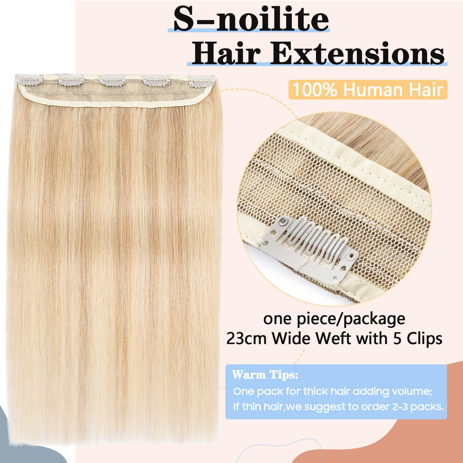 Clip in Hair Extensions Human Hair One Piece 5 Clips - Image 2