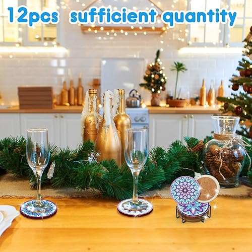 Miniatura 4 de 12 posavasos de invierno con diseño de diamantes de nieve, con soporte, kit de pintura de diamante de Navidad, posavasos de diamante azul,