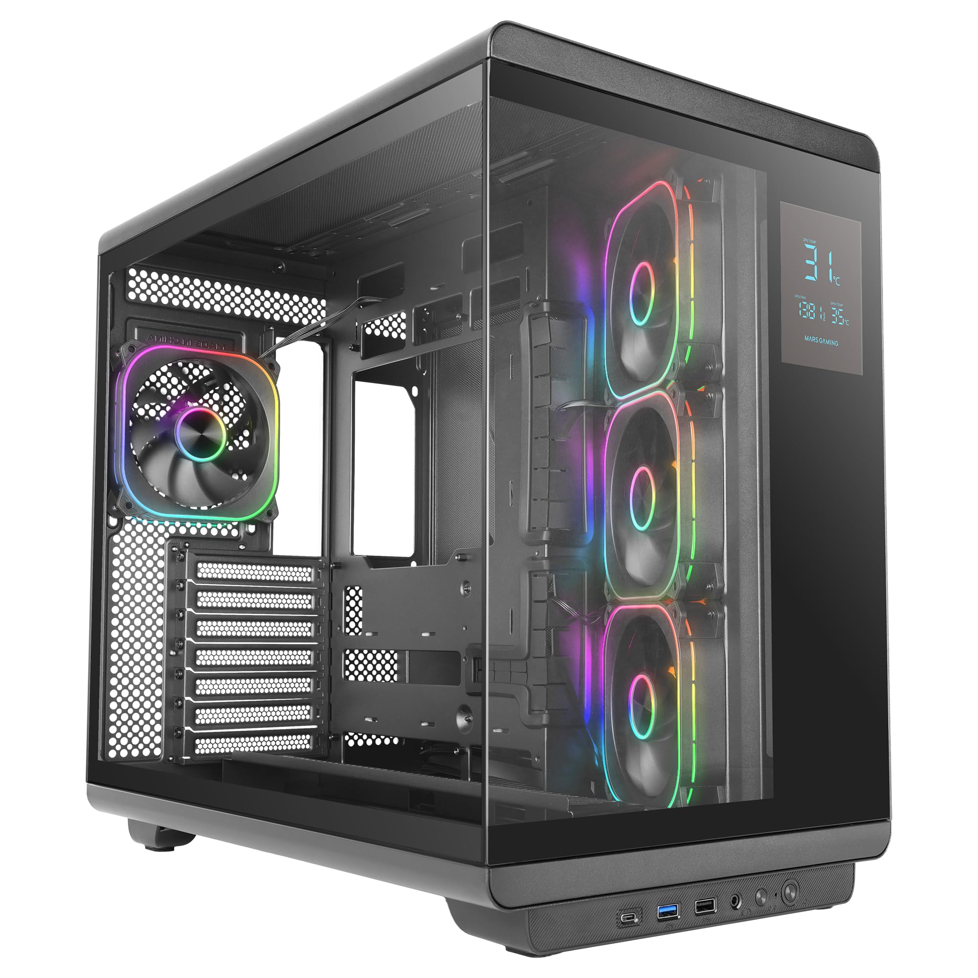Mars Gaming MC-REVPRO, ATX PC Case, 4.3" LCD Display, Continuous Tempered Glass, 4 PWM ARGB Fans, Liquid Cooling up to 360mm, Compatible with Back-Connect Motherboards, USB-C, Black