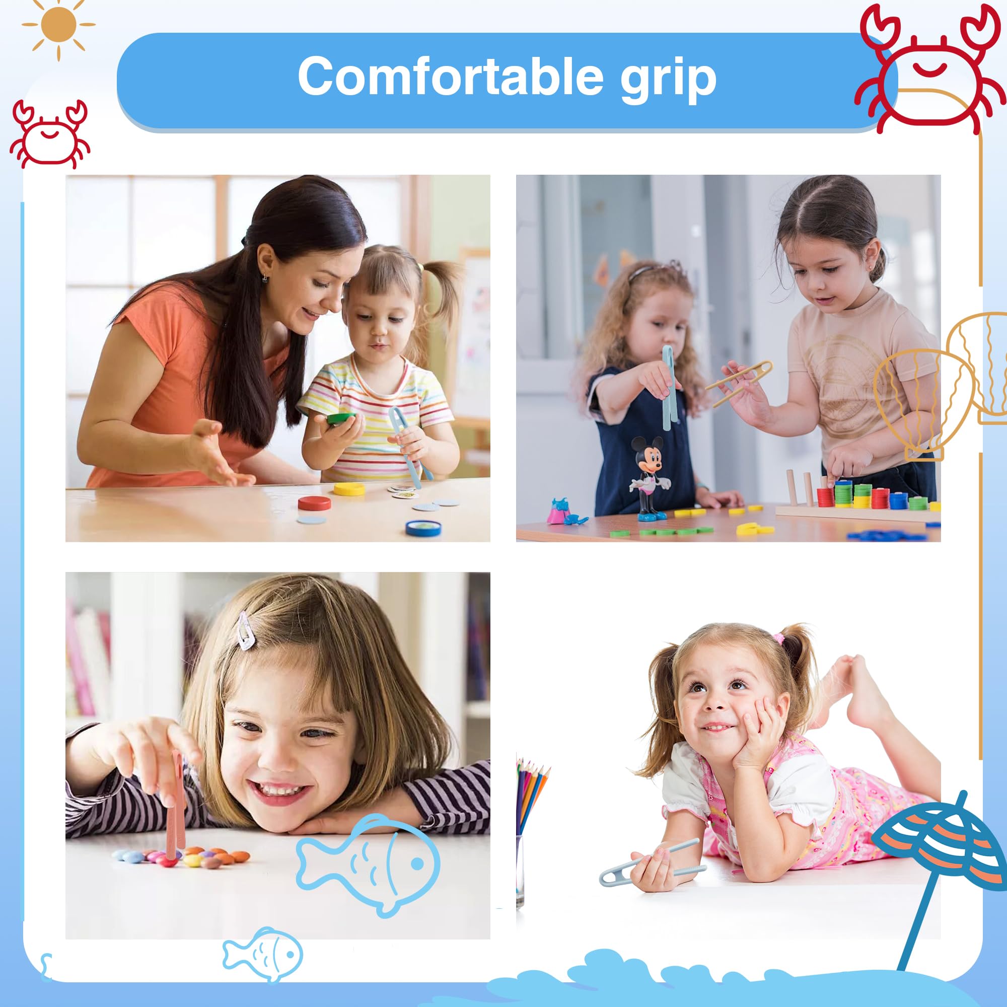 Evenpop 3 Pcs Silicone Mini Tongs 5.5 Inch 3 Colors Small Toddler Tongs, Silicone Toddler Tongs for Fine Motor Skills Preschool Sensory Toys and Accessories - Image 6