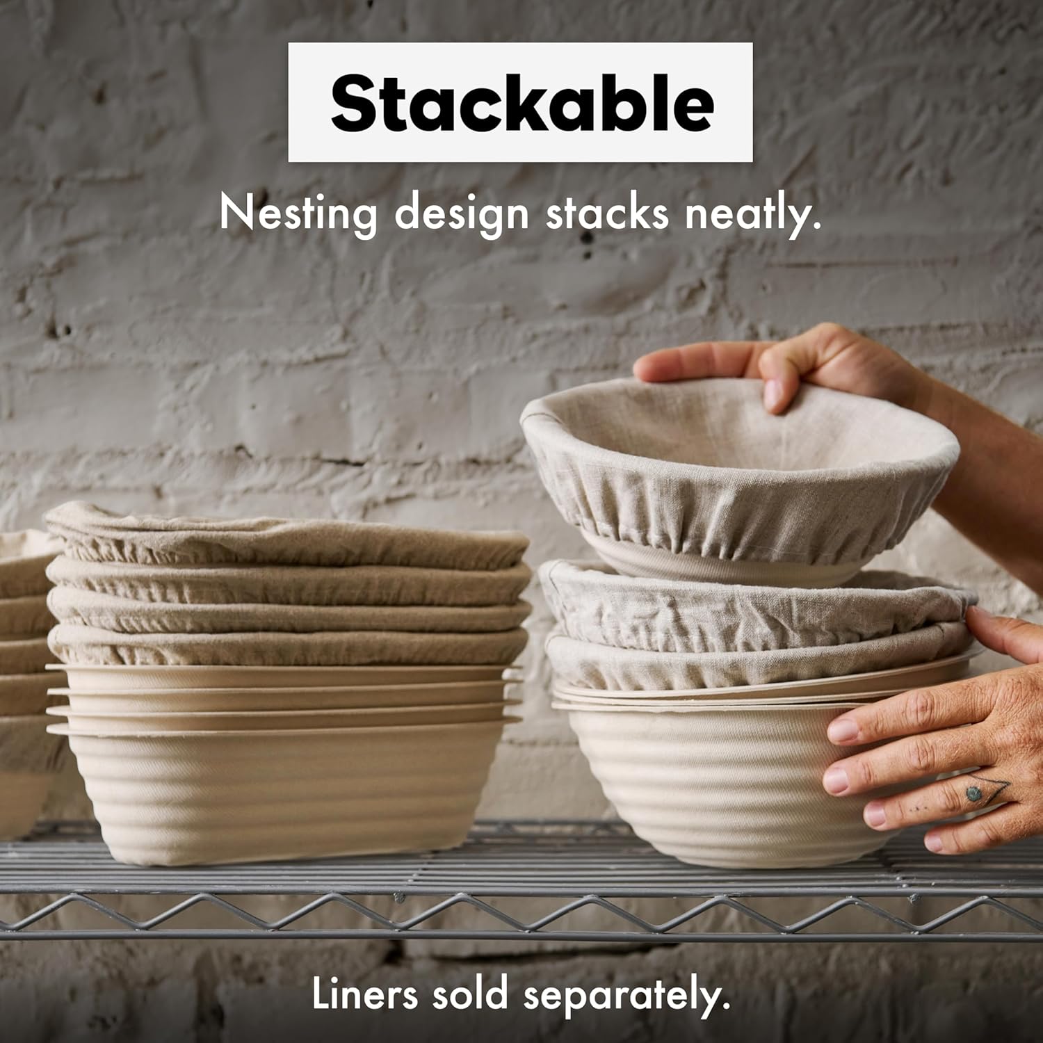 Brod & Taylor Banneton Batard 10” Proofing Basket for Sourdough & Artisan Bread Baking – Stackable, Made From Bamboo & Sugarcane Pulp (2-Pack) - Image 5