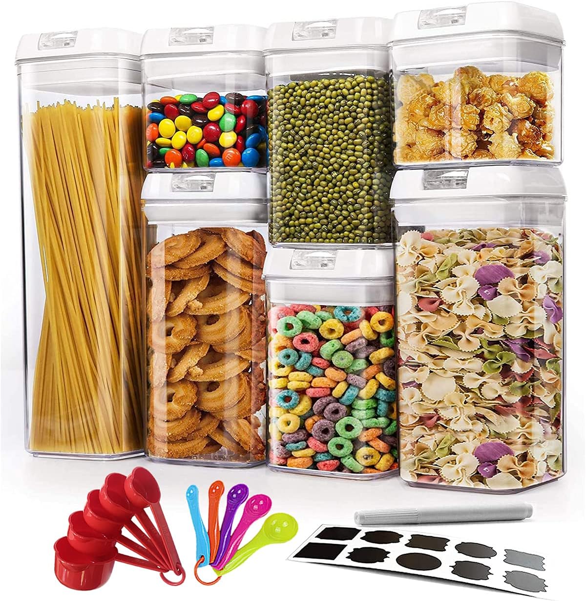 Upgraded Airtight Food Storage Container Set,Kitchen & Pantry Organization 7 Pieces BPA Free Plastic for Dry Foods & Liquids,10 Pieces Measuring Spoon Cup Set