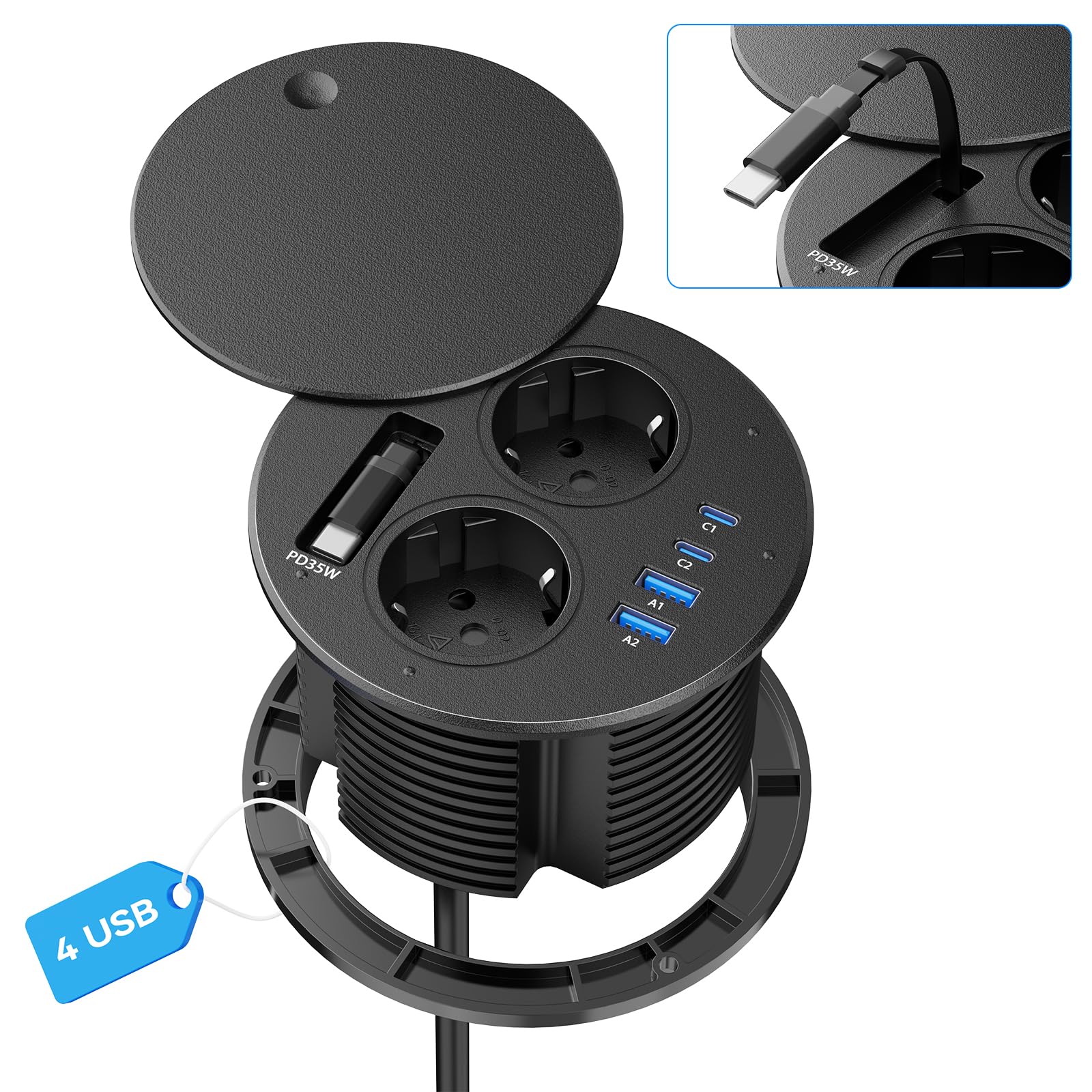 Toma empotrable encimera con USB C PD 35 W, multitoma empotrable de escritorio con tapa, bloque de enchufe escalable con cable de 1,8 m para cocina, oficina muebles