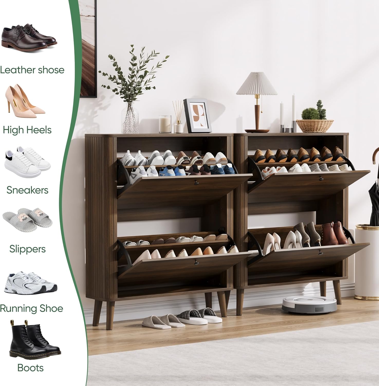 Shoe Storage Cabinet with 2 Flip Drawers, Slim Shoe Rack Cabinet with Curved Wooden Slats Side, Narrow Shoe Cabinet Storage for Entryway Entrance, Freestanding Shoe Organizer Cabinet (Walnut)