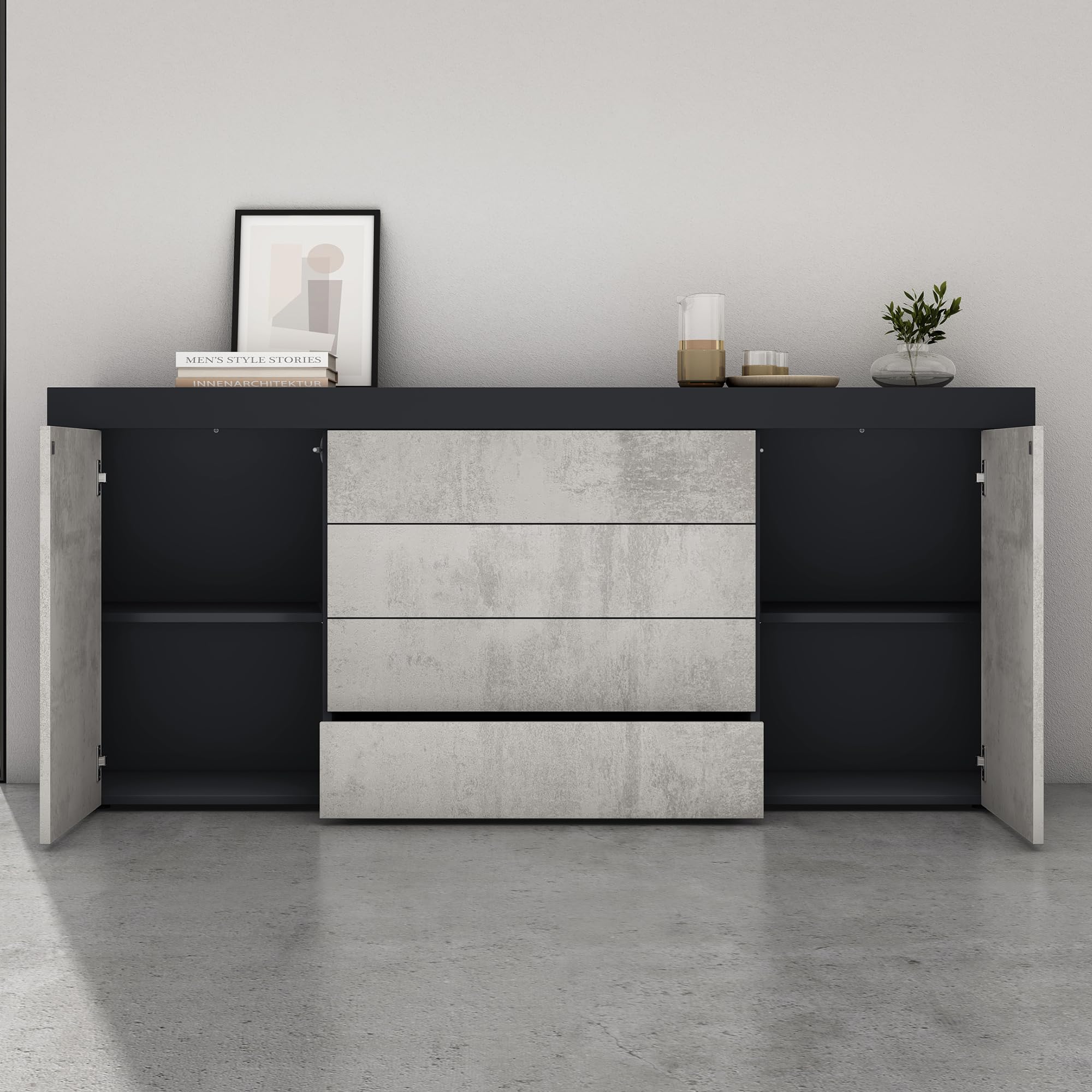 Mai & Mai Meuble de Rangement Buffet Commode Gris Noir Mat + Béton 167cm | Casier de Rangement, 2 Portes et 4 Tiroirs, Séparateur Réglable, Placard Salon Salle à Manger, 167x36x70cm, SR03