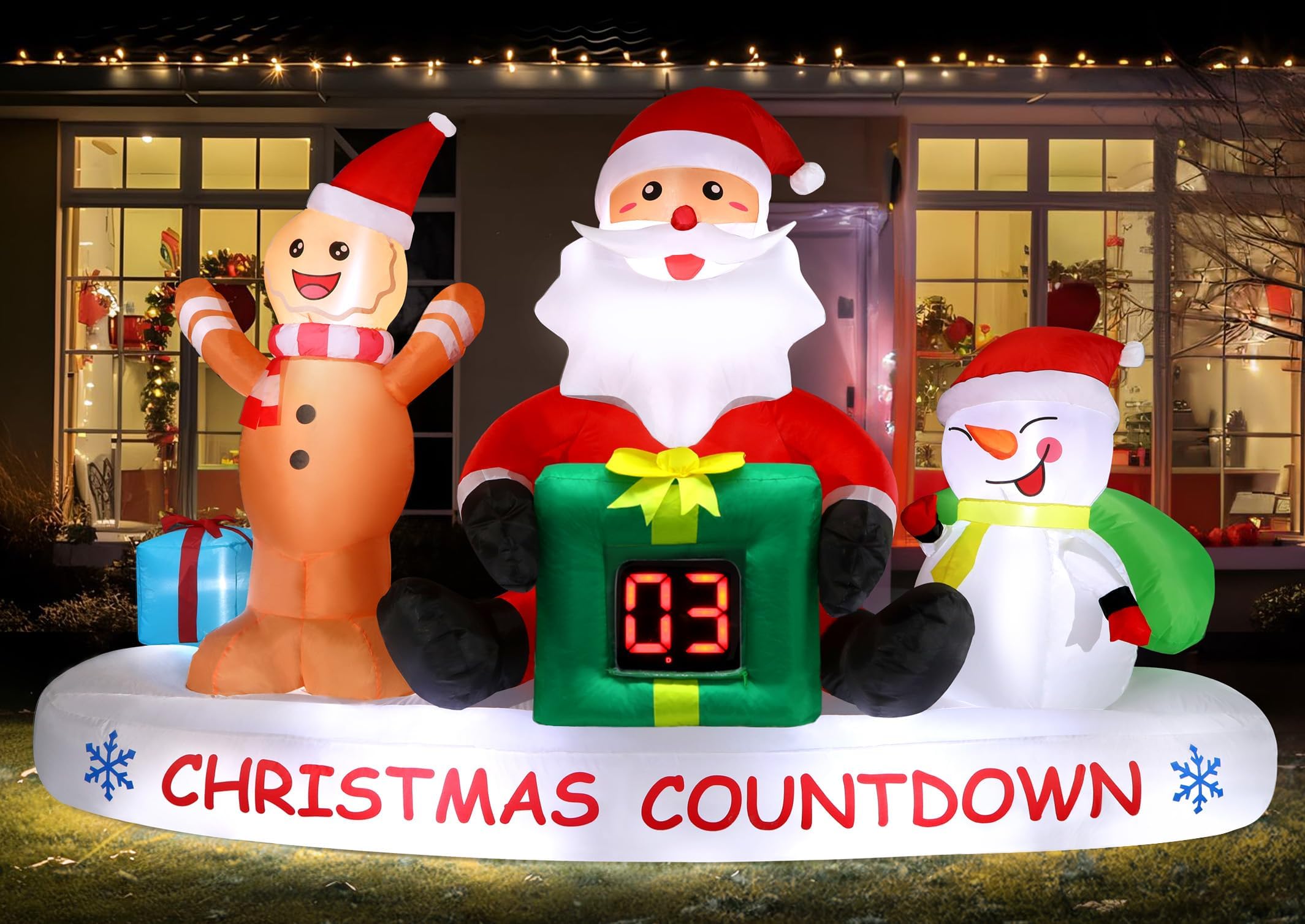 alupssuc 8 ft christmas inflatable outdoor decorations with led christmas countdown clock, snowman santa and gingerbread man, lighted blow up lawn yard clearance for indoor xmas holiday party decor