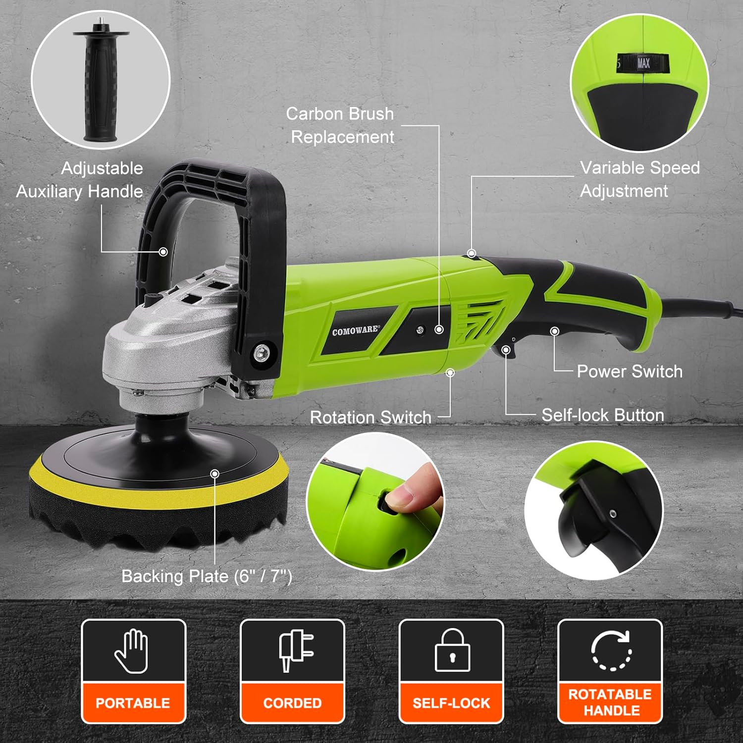 Diagram of COMOWARE polisher parts including adjustable auxiliary handle, carbon brush replacement, variable speed adjustment, power switch, rotation switch, self-lock button, and backing plate.