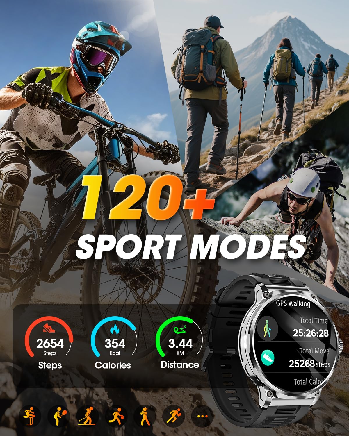 Smartwatch Uomo con 1000 mAh Batteria, 1.92" AMOLED, 5ATM Impermeabile Orologio Smart Watch Militare con Chiamate Bluetooth, 120+ Modalità Sportive, Frequenza Cardiaca/SpO2/Sonno, iOS Android Argento