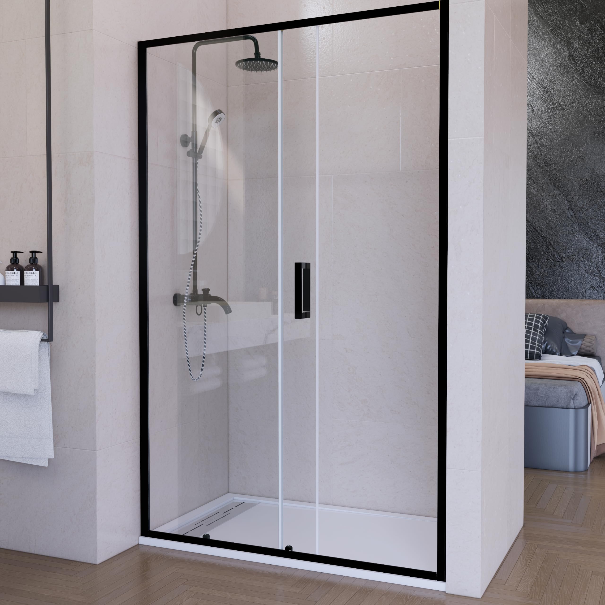 Mampara de ducha frontal corredera 135 cm 1 puerta + 1 fijo Negro mate Cristal transparente 6 mm con perfil inferior 195 cm altura
