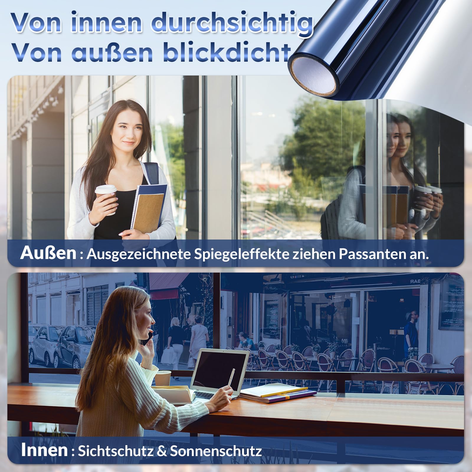 rabbitgoo Pellicola Specchio per Vetri Finestre 75x400cm, Pellicola Oscurante Vetri Finestre Anti 90% UV, Pellicole Privacy Unidirezionali con Controllo del Calore Adatto per Ufficio, Blu Argento