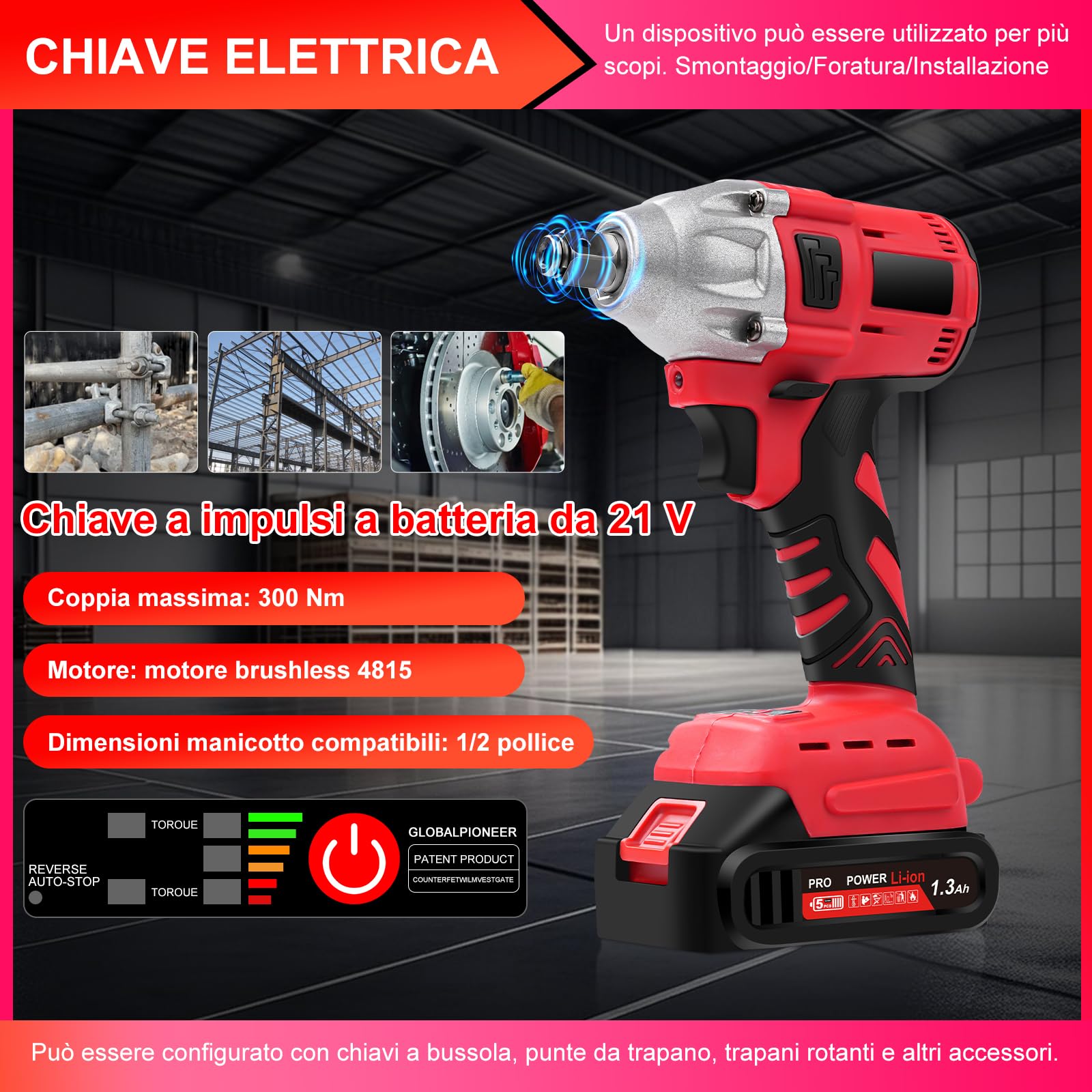Avvitatore elettrico a percussione a batteria, 1/2 pollici, 300 Nm, 21 V, avvitatore a percussione senza ufficio, con batteria da 5 x 1300 mAh, chiave elettrica a percussione impact wrench