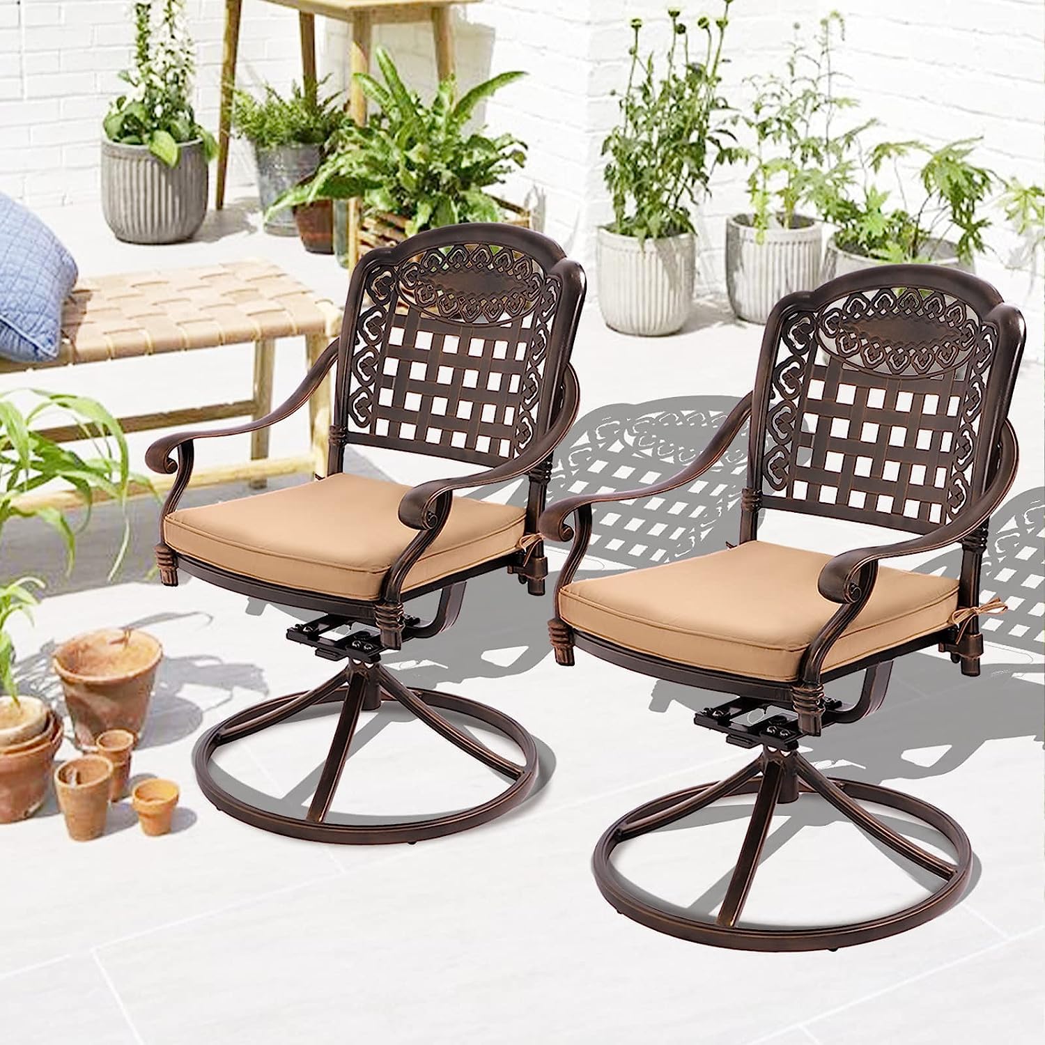 2 Piece Outdoor Dining Chairs, Cast Aluminum 360° Swivel Dining Chairs Set of 2, Patio Bistro Chairs Set for Patios, Gardens, Pools, Terraces (New Swivel Rocker Chairs with Khaki Cushions)
