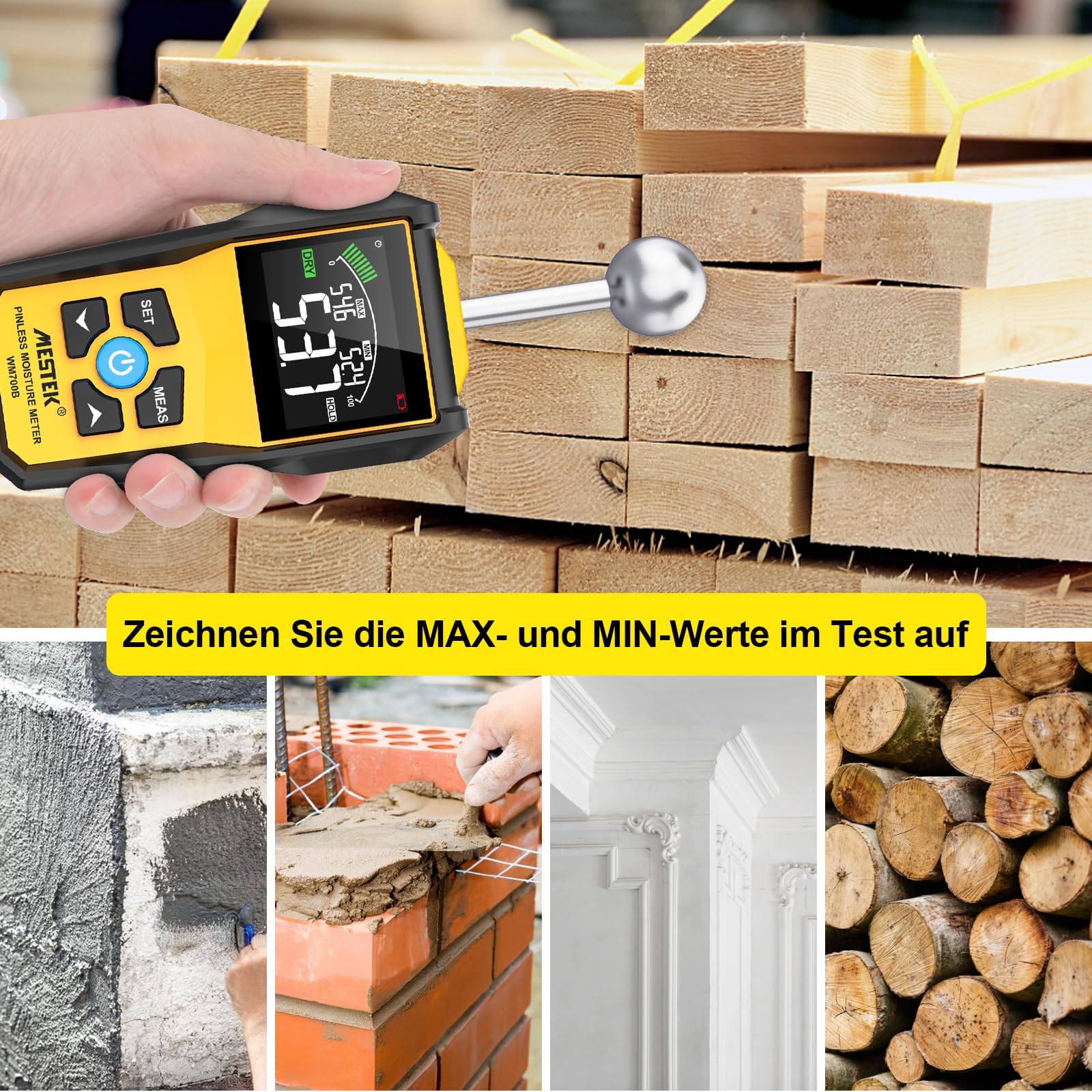 Feuchtigkeitsmessgerät MESTEK Feuchtigkeitsmesser Feuchtemessgerät Profi mit Farb-LCD Akustischem Alarm für Wand Holz Mauerwerk Putz Baustoffe Boden Baufeuchte Wohnung Wohnwagen 20-40mm Analysetiefe