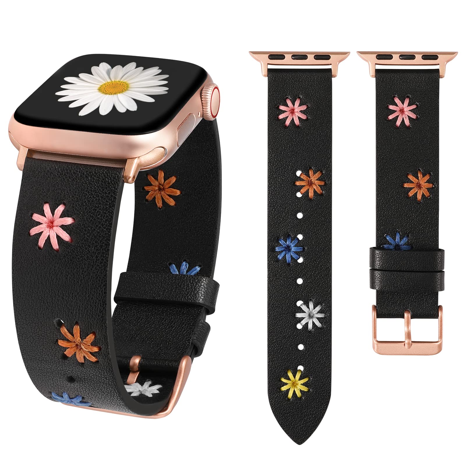 Wearlizer Floral Leather Band Compatible with Apple Watch Band Women 41/40/38mm 45/44/42/49mm (Ultra/Ultra 2) Cute Fancy Handmade Daisy Stitched Designer Strap for iWatch Series 9/8/SE/7/6/5/4/3/2/1