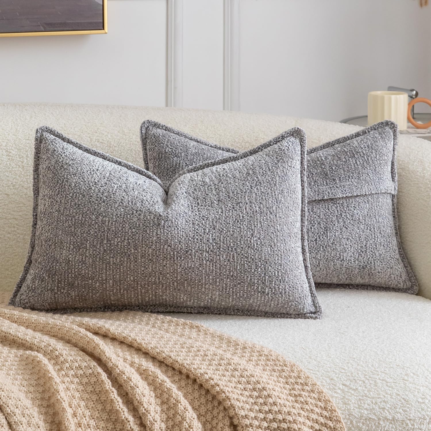 Madizz Pack of 2 Decorative Cushion Covers Boho Soft Textured Chenille Throw Pillows Solid Pillow Covers for Couch Sofa Bedroom Living Room 30x50 CM, Grey