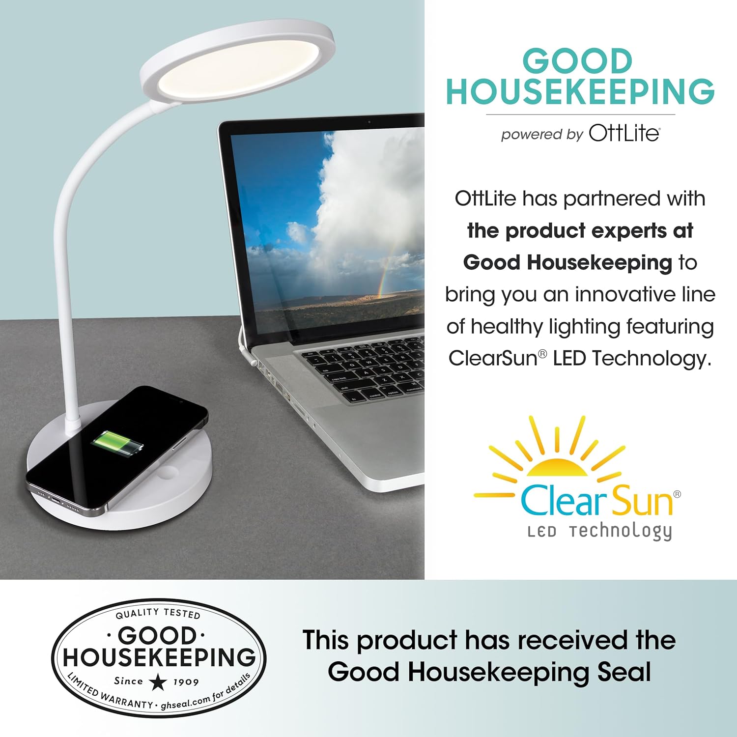 OttLite Good Housekeeping Circular LED Desk Lamp with Wireless Charging - Designed to Reduce Eyestrain - Adjustable Neck Desk Lamp for College Dorm Room, Crafting, Reading, 3 Color Modes