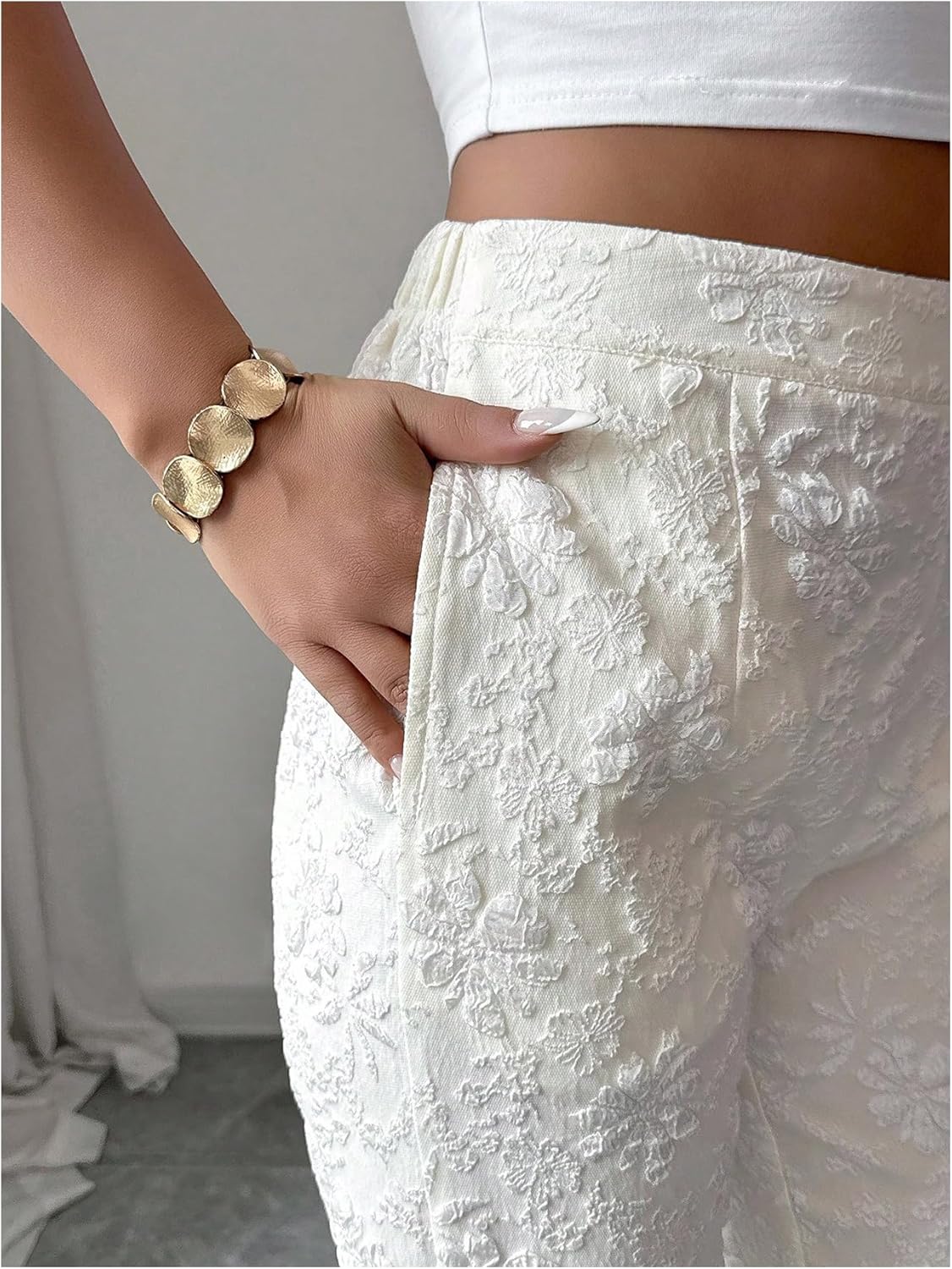 MakeMeChic Women's Floral High Waist Flare Leg Dress Pants Jacquard Work Office Trousers - Image 5