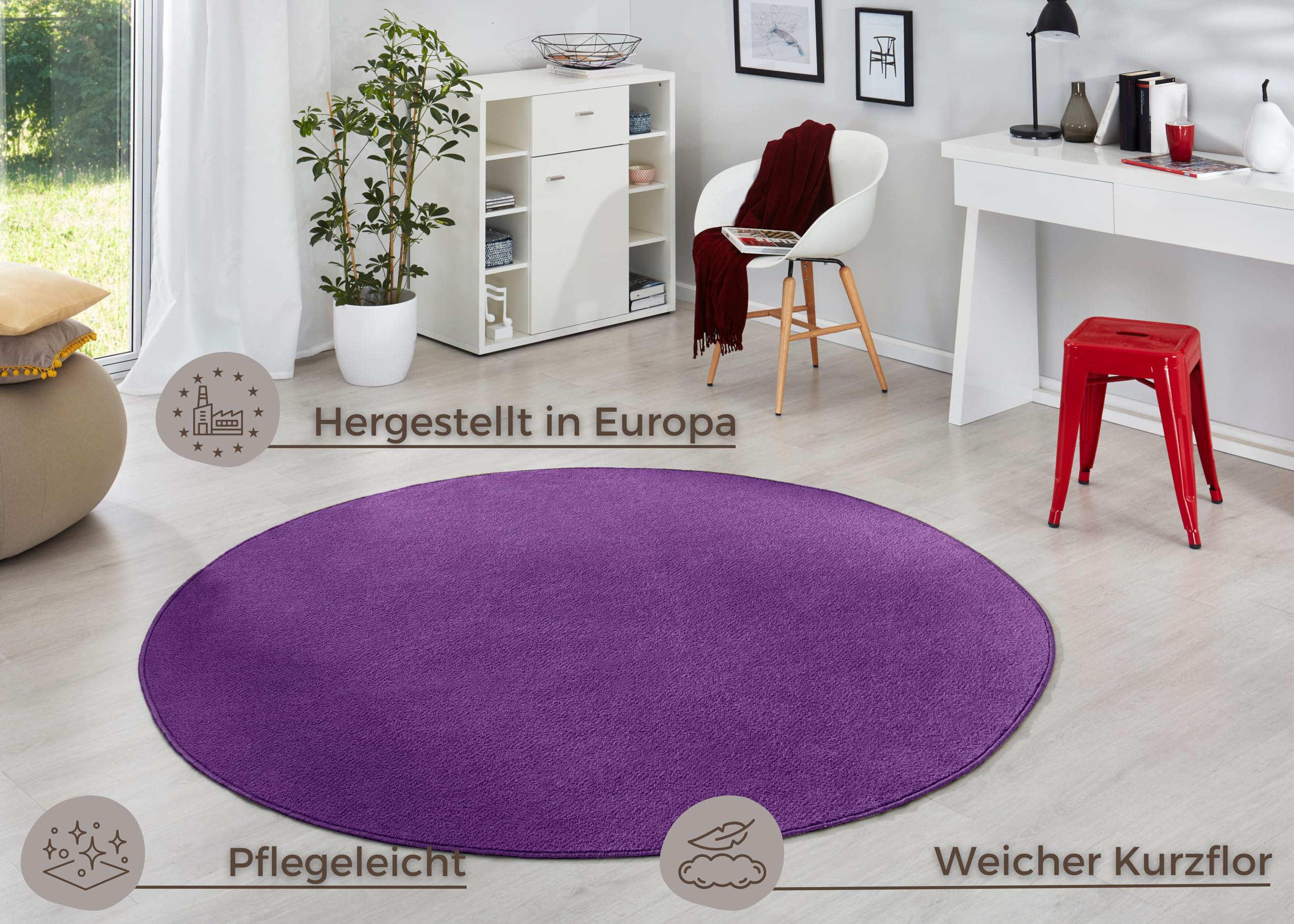 Hanse Home Tappeto Fancy rotondo, tappeto per soggiorno, tinta unita, moderno, in velluto, per sala da pranzo, soggiorno, cameretta dei bambini, corridoio, camera da letto, cucina, viola, diametro 133