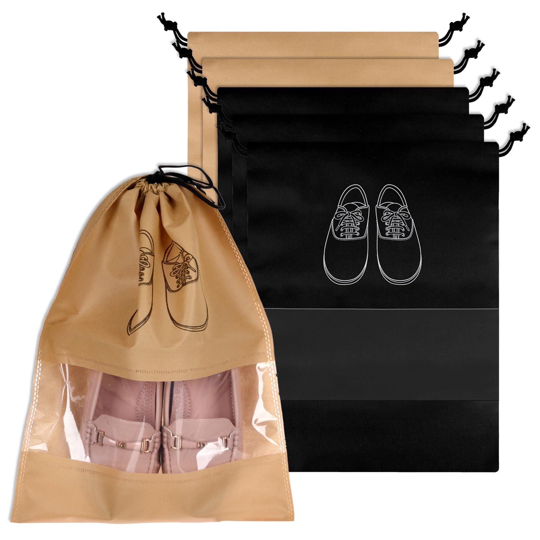 kuber industries Pack of 6 Shoe Bags | Shoe Bags for Travel | Non-Woven Shoe Storage Bags | Storage Organizers Set | Shoe Cover with Transparent Window | Shoe Dori Cover | Black & Beige-picture-53