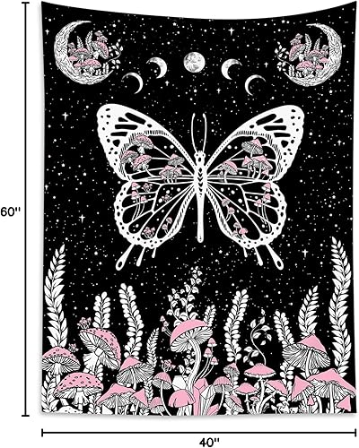 Miniatura 10 de LB Tapiz de mariposa blanco y negro, hongos rosa y hojas con fase lunar para dormitorio, tapiz colgante de pared de noche estrellada, arte de pared