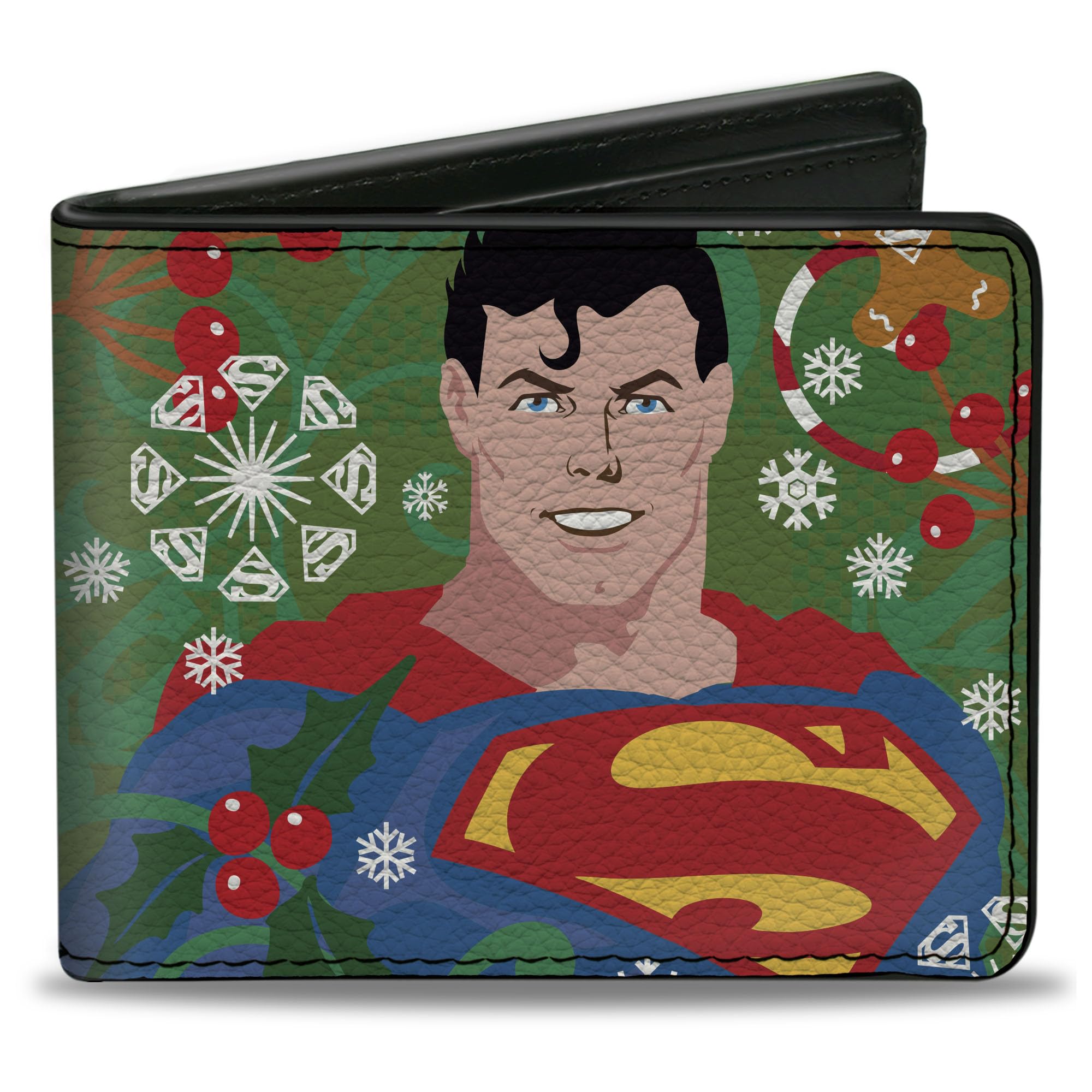 Buckle-Down DC Comics Wallet, Bifold, Superman Holiday Christmas Pose and Icons Greens, Vegan Leather