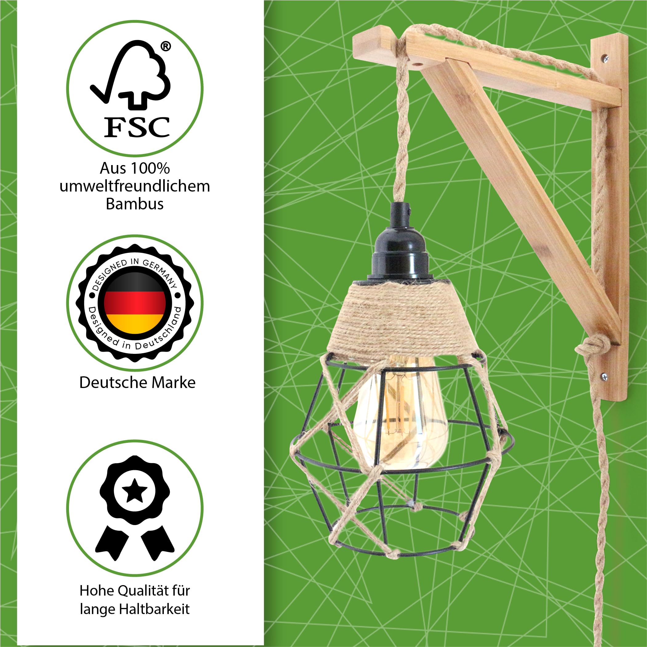Supporto da parete in bambù per lampade a sospensione, set di 2, decorativo boho in legno, per diverse sospensioni, naturale