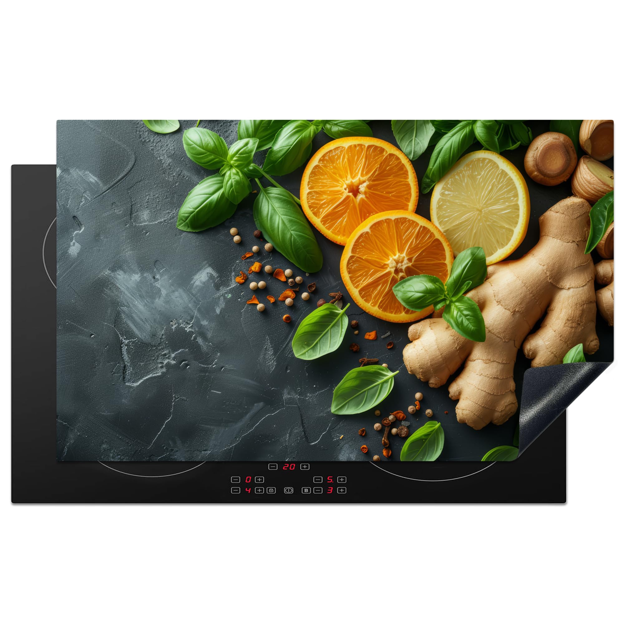 KitchenYeah© Herdabdeckplatte 83x51 cm Einteilig Induktionsmatte Küche Abdeckung Ceranfeld Herd Abdeckplatte Deko Vinyl Matte Aufrollbar Kräuter - Obst - Beton - Ingwer - Blätter