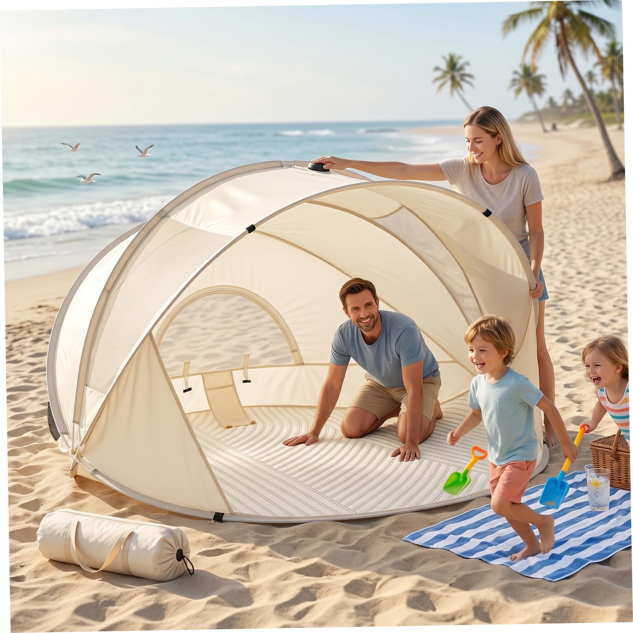 Tente de Plage Pop-up instantanée de 51x43 Pouces pour 3-4 Personnes, auvent d'abri Solaire Portable pour la Plage, Le Parc et Le Camping