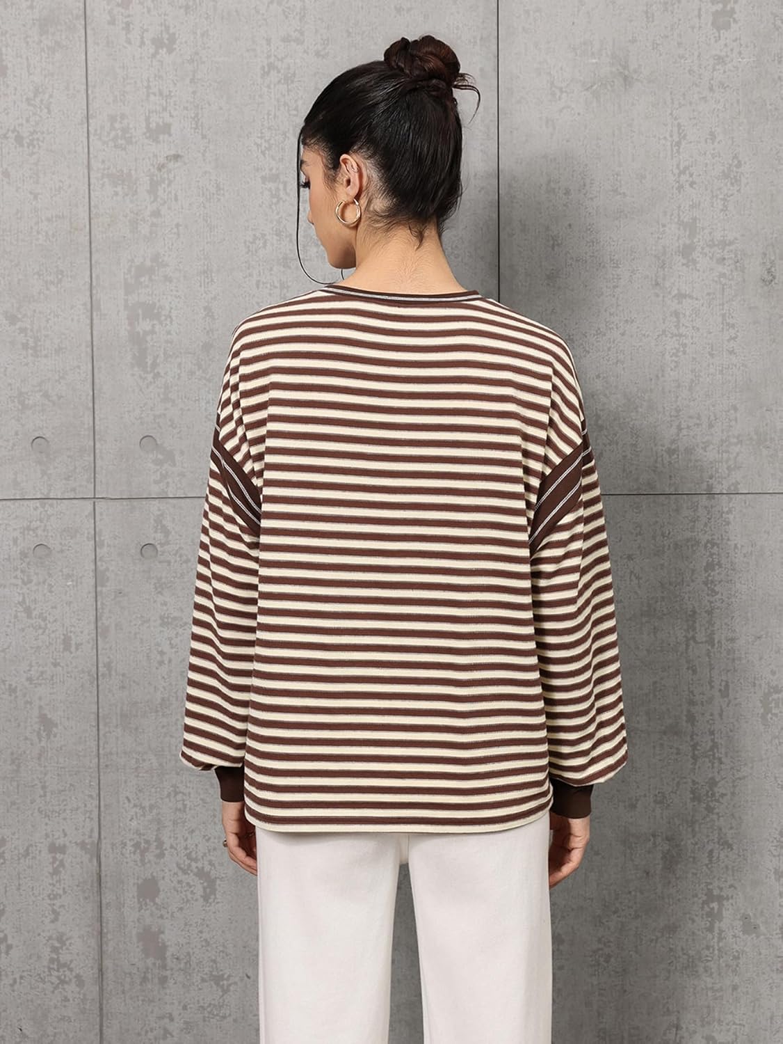 Milumia Women's Striped Long Sleeve Top Color Block Drop Shoulder Oversized T-Shirt - Image 2