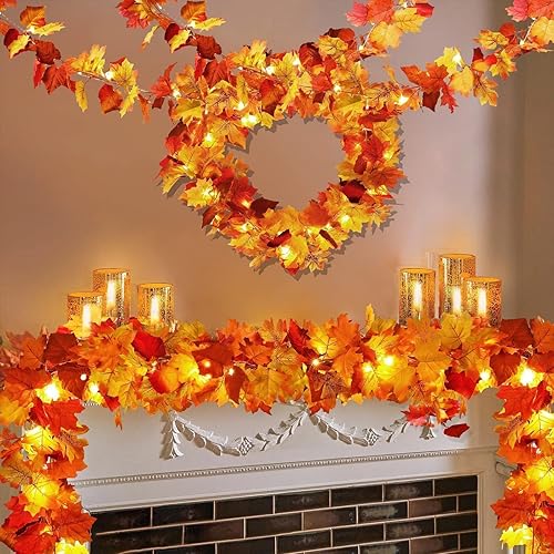 Paquete de 4 guirnaldas de decoración de otoño, decoraciones de Acción de Gracias para el hogar, guirnalda de hojas de arce de 23.6 pies con luces,