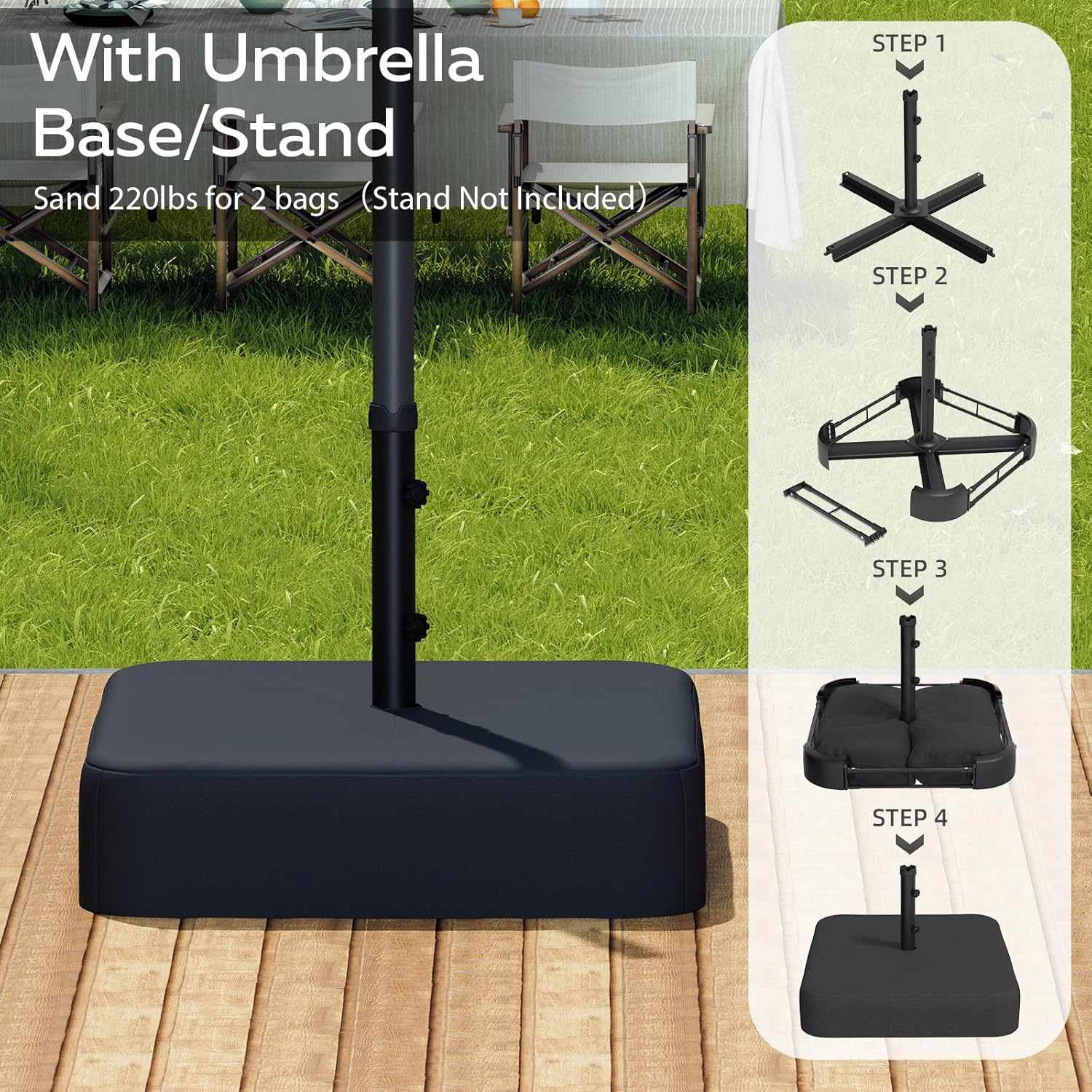 AECOJOY 15ft Large Patio Umbrella with Solar Lights, Double-Sided Outdoor Rectangle Market Umbrella with Base Included, 156 PCS LED Lights, Crank Handle for Garden Deck Pool in Tan(1.9" Pole)