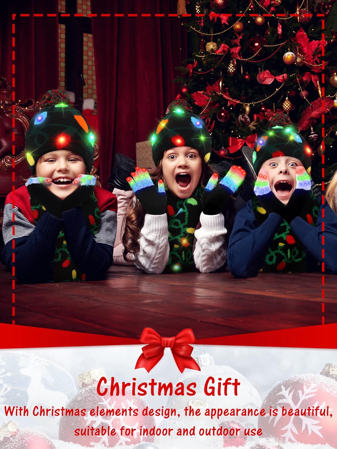 Eurzom 3 Pieces LED Light up Christmas Hat Xmas Scarf Gloves Set Holiday Hat Beanie Knit Cap for Christmas Party