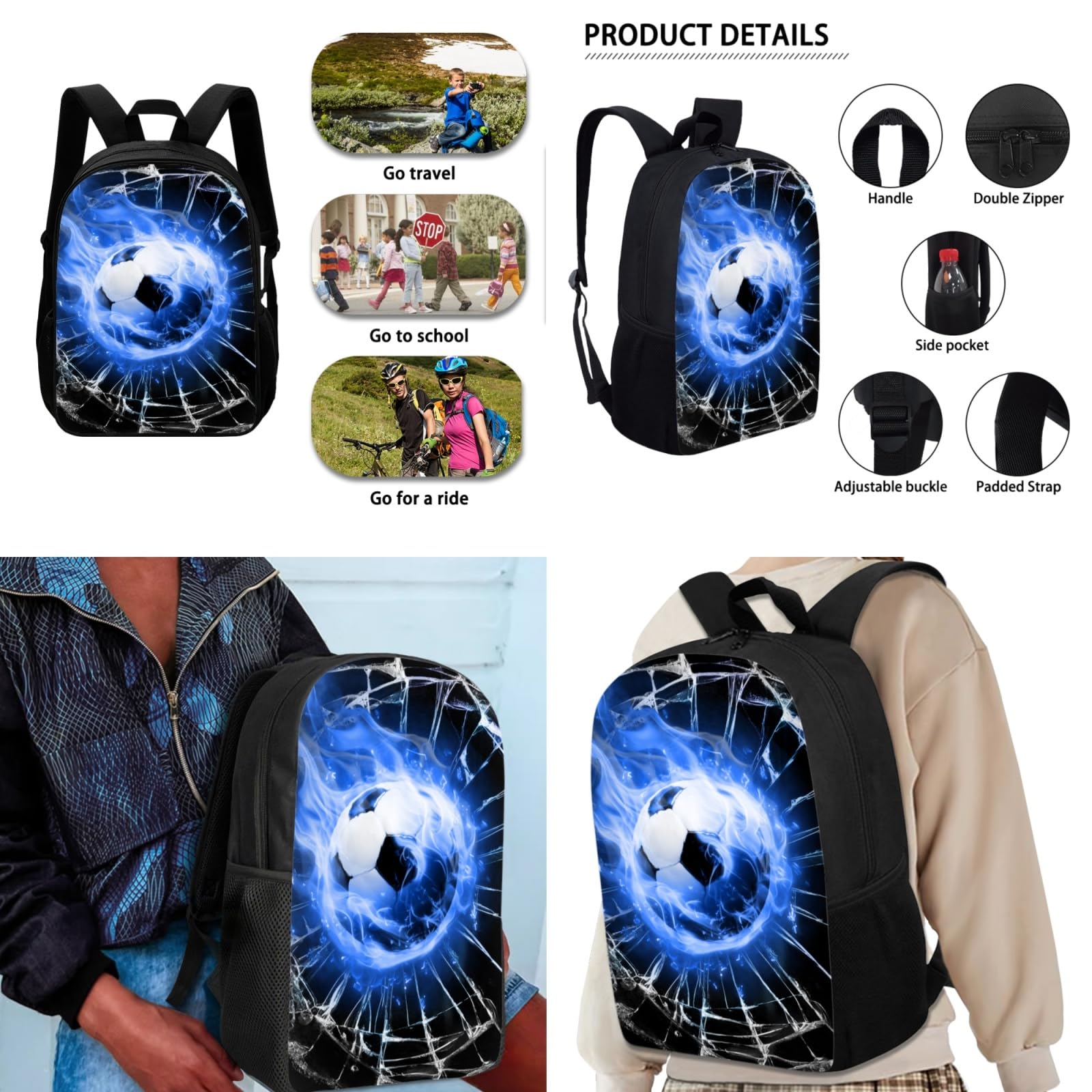 Zaino 3 in 1 per ragazzi con motivo calcio 3D Fire Soccer con borsa termica per il pranzo e custodia portapenne, set grande e leggero, zaino casual per bambini