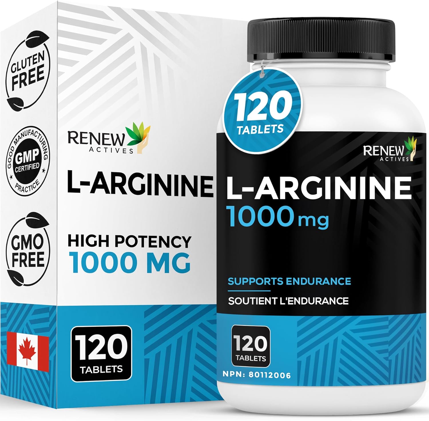 Renew Actives L-Arginine Supplement 1000MG for Serving - Strength & Endurance, Essential for Protein Synthesis & Muscle Function, Physical Performance Booster - Made in Canada - 120 Tablets