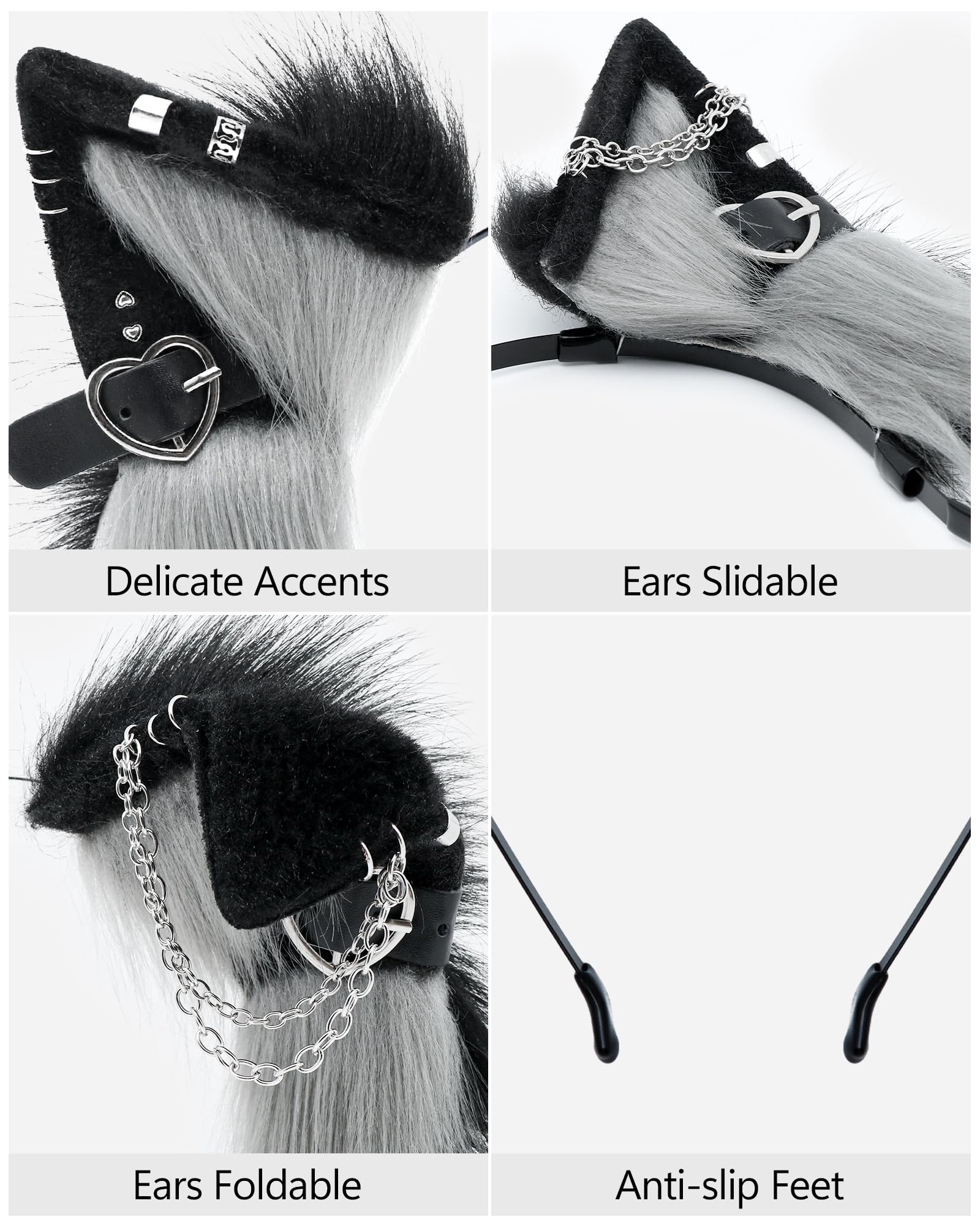 ZFKJERS Handmade Faux Fur Cat Ear Headband with Charms Cosplay Accessory for Halloween (Grey Black) - Image 2