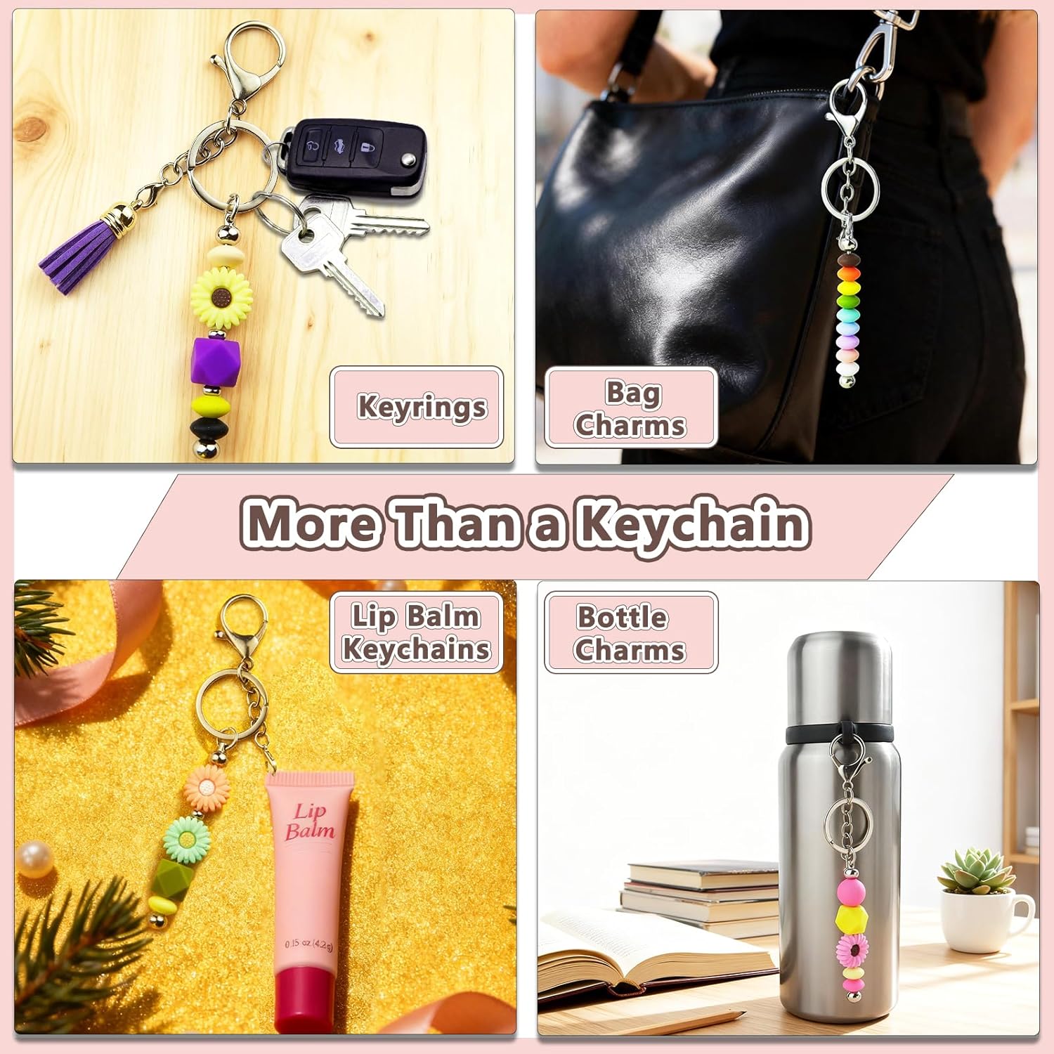 LOIKMIUP 124 Pcs Beadable Keychains Bar Kit - 12 Pcs Beaded Key Chain Bars Bulk with Silicone Beads, Spacer Beads, Resealable Bags & Thank-You Cards for DIY Beaded Keychain Charms for Woman Man - Image 4