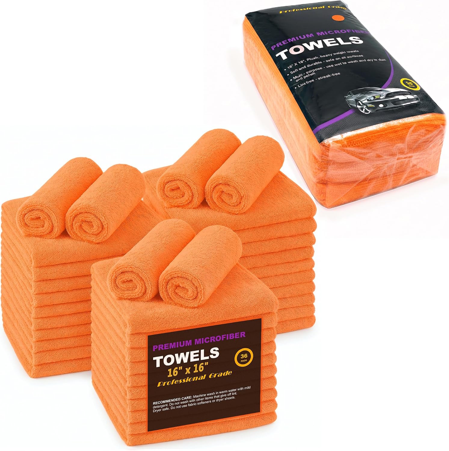Orange Large Microfiber Cleaning Towels, 36-Pack Dual-Sided Ultra Soft Plush Washcloth, Professional Grade Premium Microfiber Detailing Cloths, Car, Household and Commercial (Orange, 16" x 16")