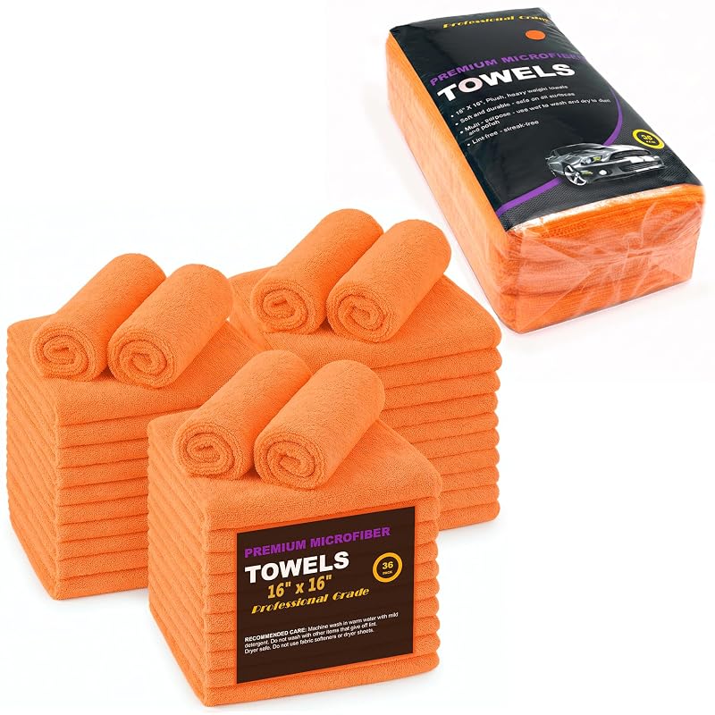 Panos de Microfibra para Limpeza Automotiva Blue Horizon, Dupla Face, 300 GSM, Laranja, 40,6 x 40,6 cm, Kit com 36 unidades