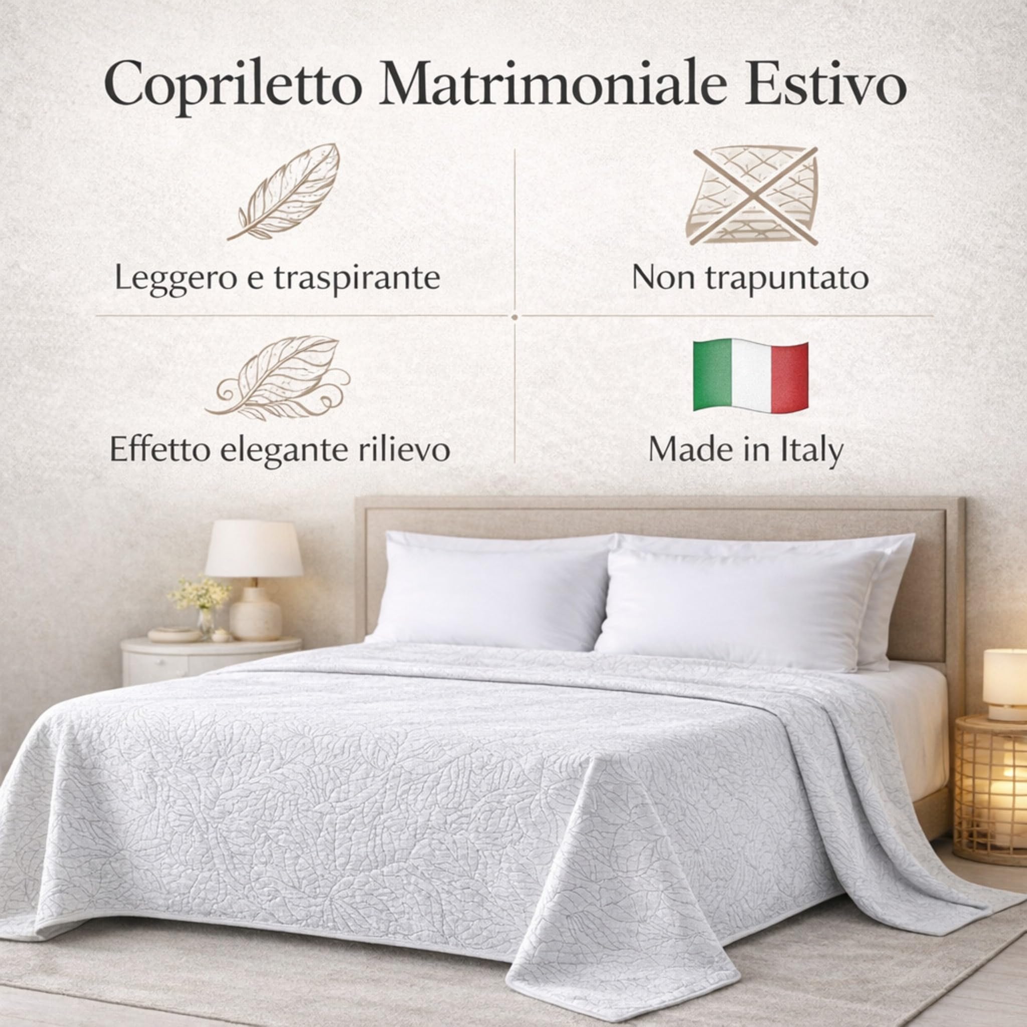 Zambaiti Copriletto Matrimoniale 260x270 cm Frond Matelassè Jacquard Made in Italy – Copriletto Estivo Leggero Non Trapuntato – Tessuto in Rilievo Cotone Poliestere (Grigio)