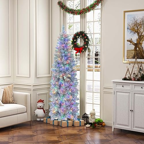 Miniatura 8 de Goplus Árbol de Navidad artificial preiluminado de 6 pies, árbol de Navidad delgado con bisagras con 250 luces LED multicolor, 475 puntas de rama,