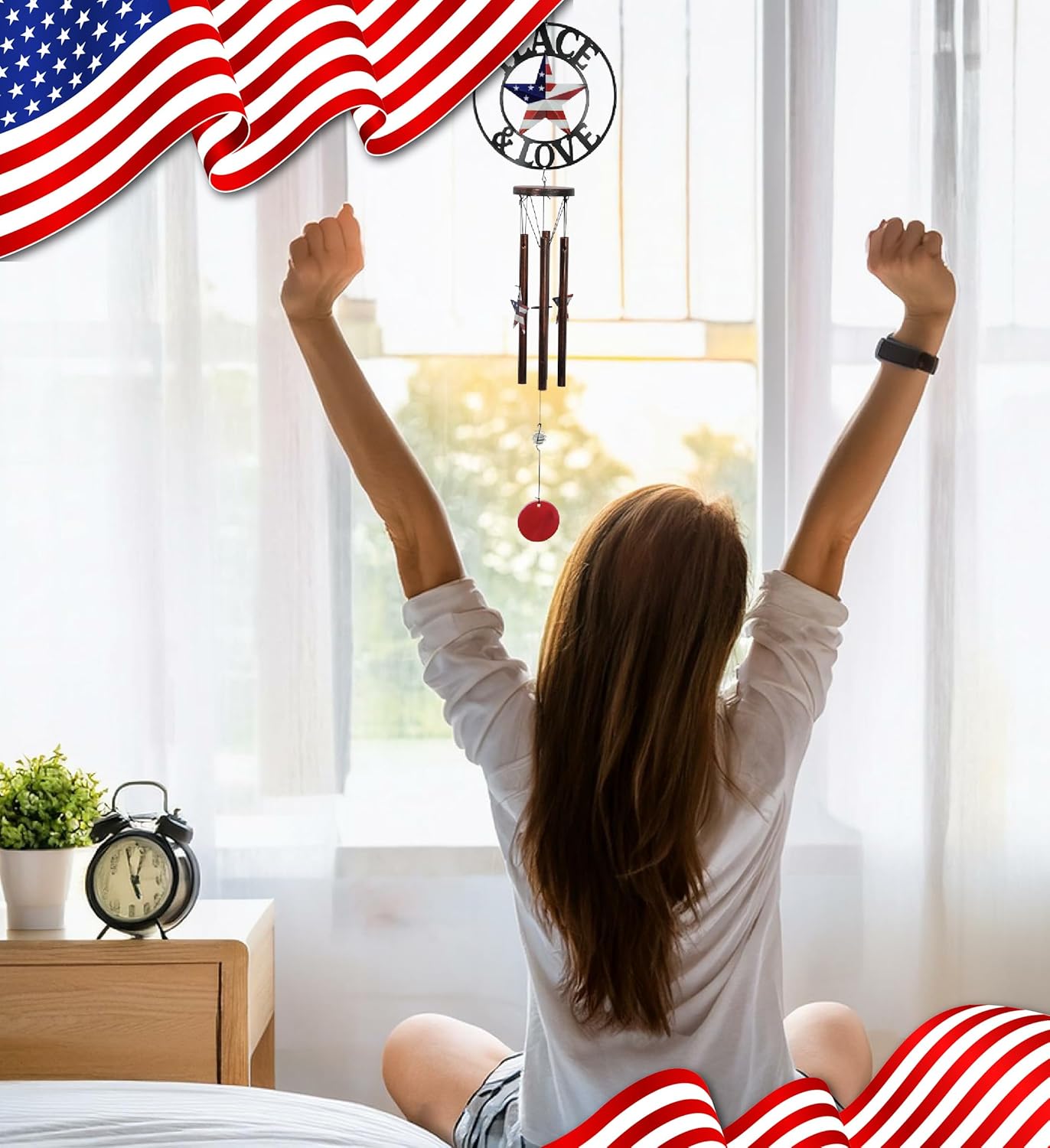 CoTa Global Peace and Love USA Flag Wind Chime - Handmade Metal Hanging Decor, Patriotic Garden Ornament with Copper-Tone Wind Chime Tubes, Indoor Outdoor Porch Patio Yard Decoration - 33 Inches