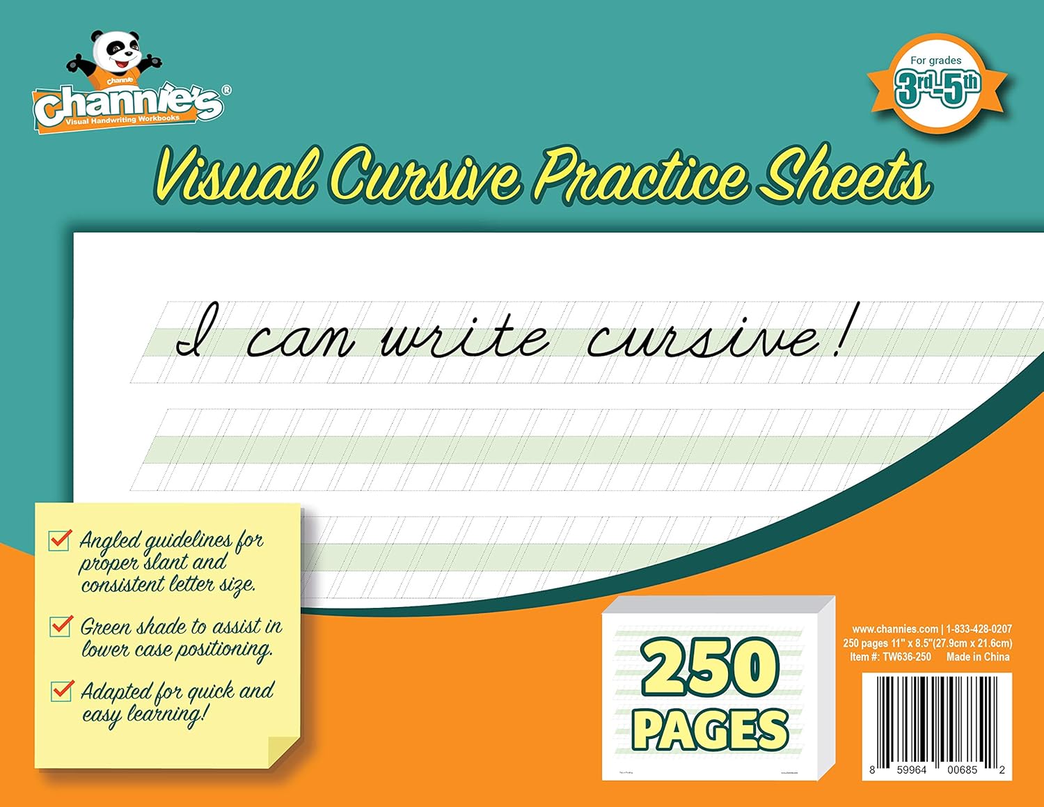 Channie's Quick & Neat Cursive Handwriting for 3rd - 5th Grade Elementary School Students, Visual Writing Workbook for Practicing Calligraphy, 250 Double-Sided Pages